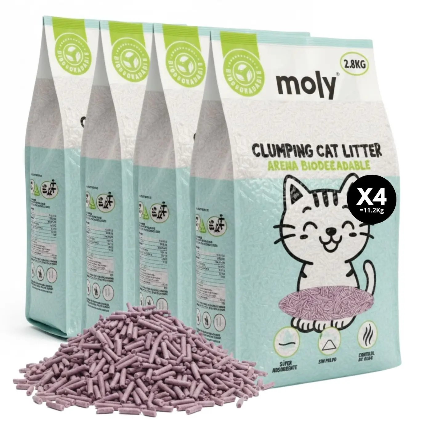 Moly Arena Aglomerante para Gatos con Pellet de Maiz 11.2 kg-Libre de Polvo y Fácil de Aglomerar-Especial Cuidado Gatos- 4 Unidades