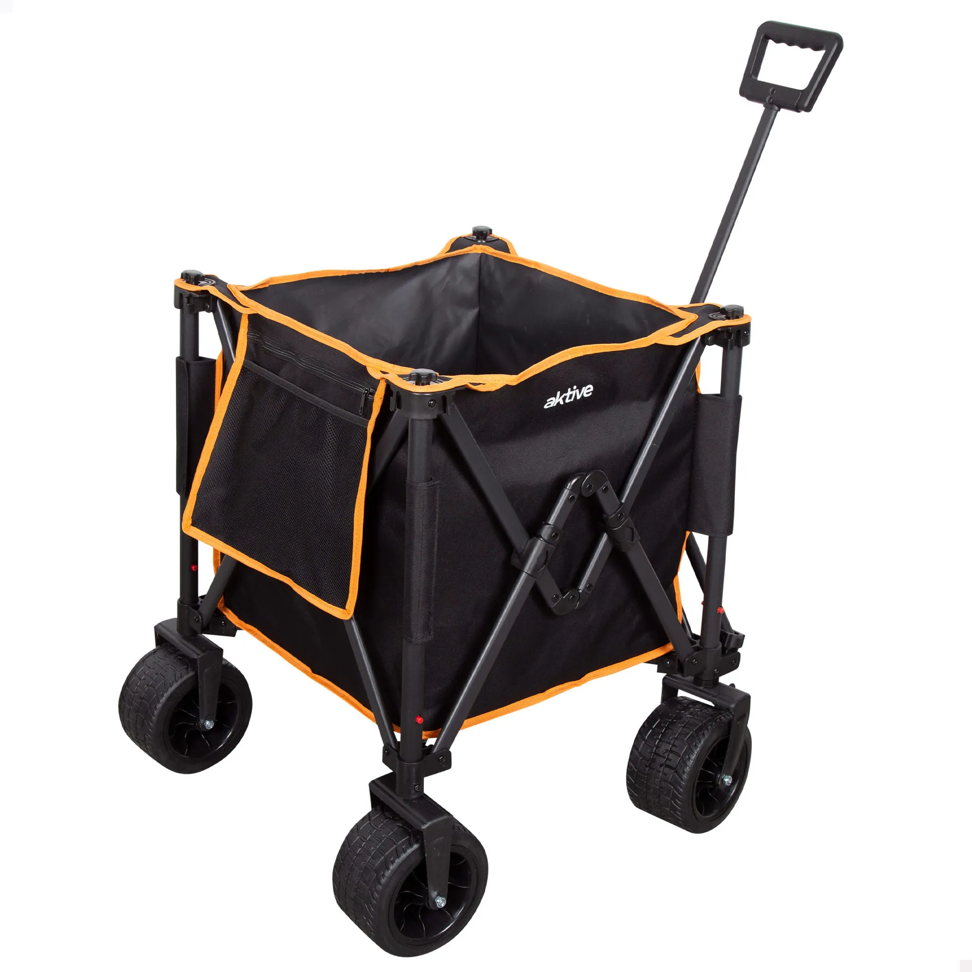 Aktive - Carro playa plegable, carrito de transporte, con ruedas desmontables, giratorias 360º y con frenos, mango multiángulo y 1 bolsillo, máx. 80 kg de carga, espacioso y versátil, de acero y