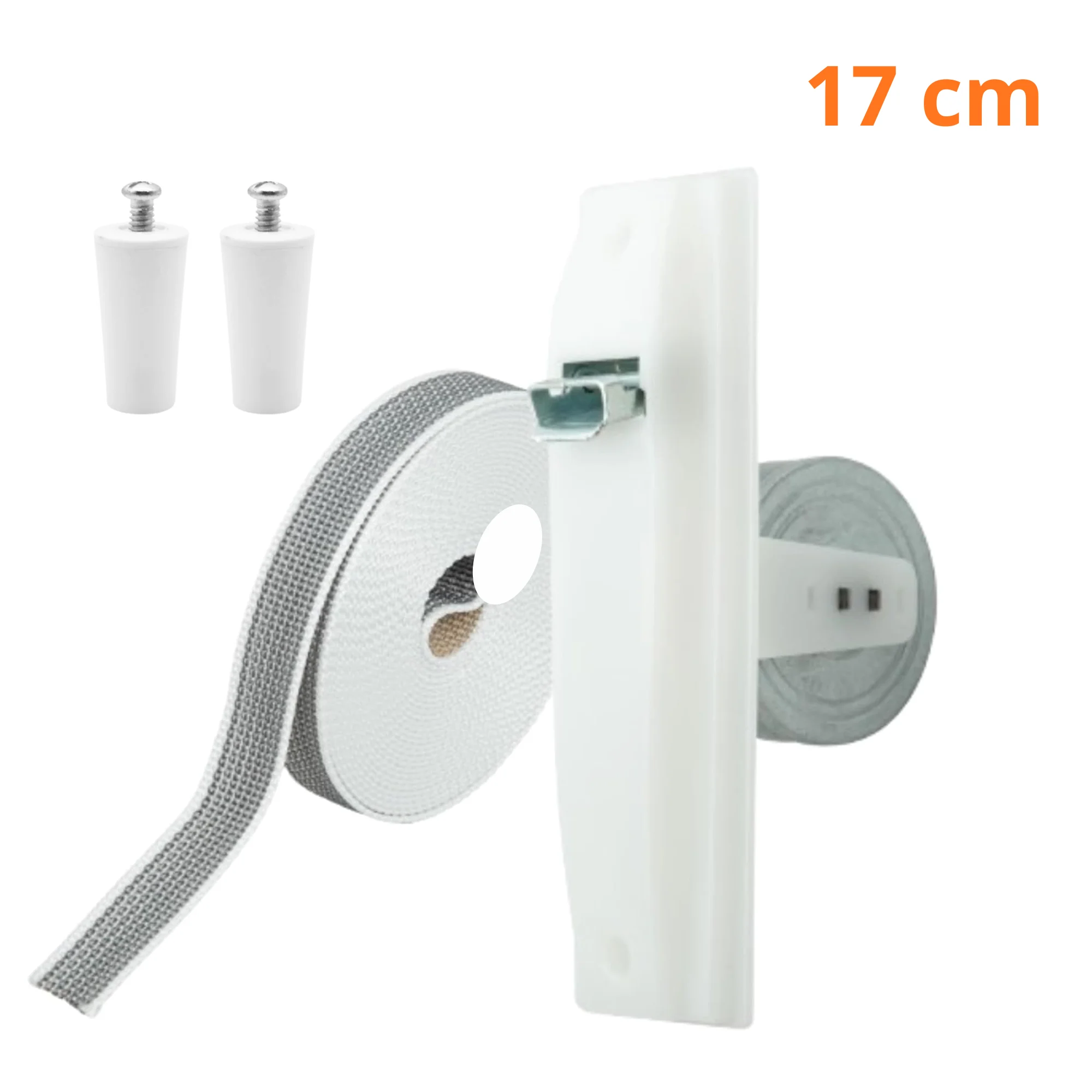 Gaviota Pack Recogedor de Persiana Empotrable para Obra 17 cm pequeña + Cinta Reversible 22mm (6 metros) + 2 Tapones de Persiana – Enrollador Universal para Persianas Enrollables – Tamaño Grande,