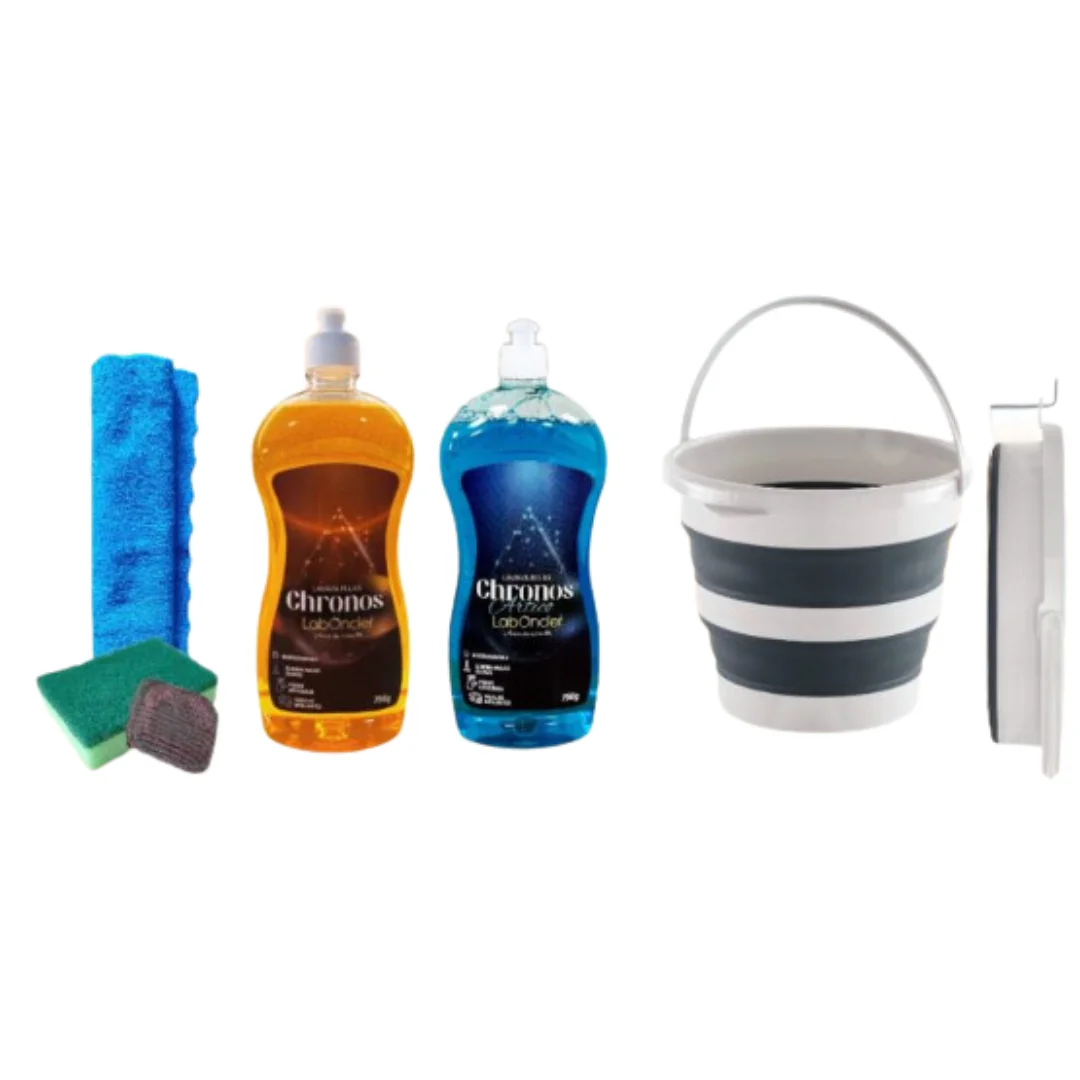 Folding bucket LABONCLER SET + 2 CHRONOS to choose + microfiber cloth + sponge pad + soapy scourer. Cube with different measures. ECOJIN LABONCER CHRONOS, degreaser, MANUAL LAB, leave Unparalleled brightness. ECOJIN glow cleaner