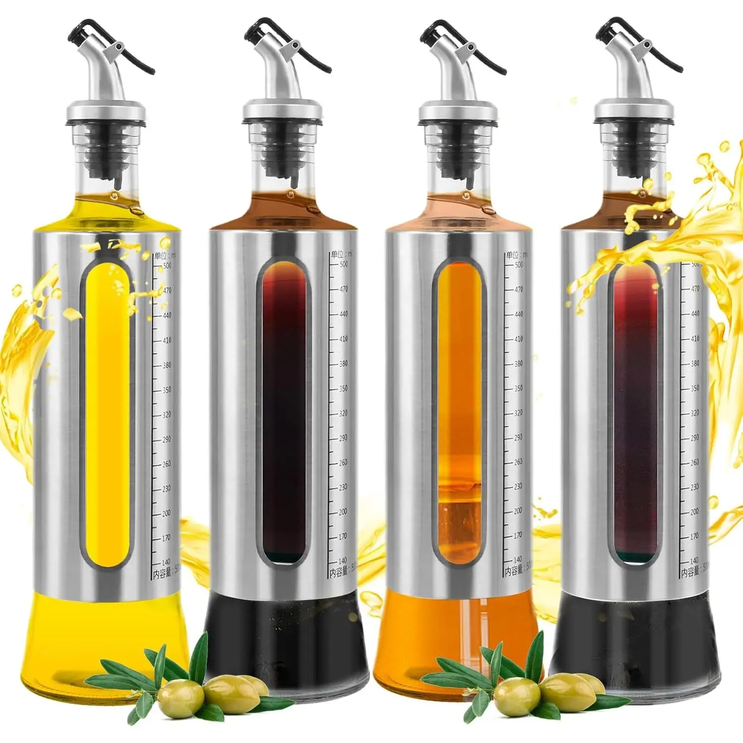 Set de 4 Botellas para Aceite y Vinagre de Cristal 500 ml – Dosificador Antigoteo con Pico de Acero Inoxidable, Ideal para Cocina, Ensaladas y Barbacoas