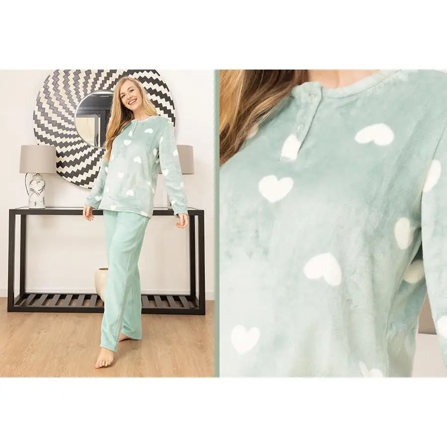 Pijama Coralina Mujer Extrasuave. Talla de S a XL. Turquesa, Corazones, Botones. Coral. Cómodo,