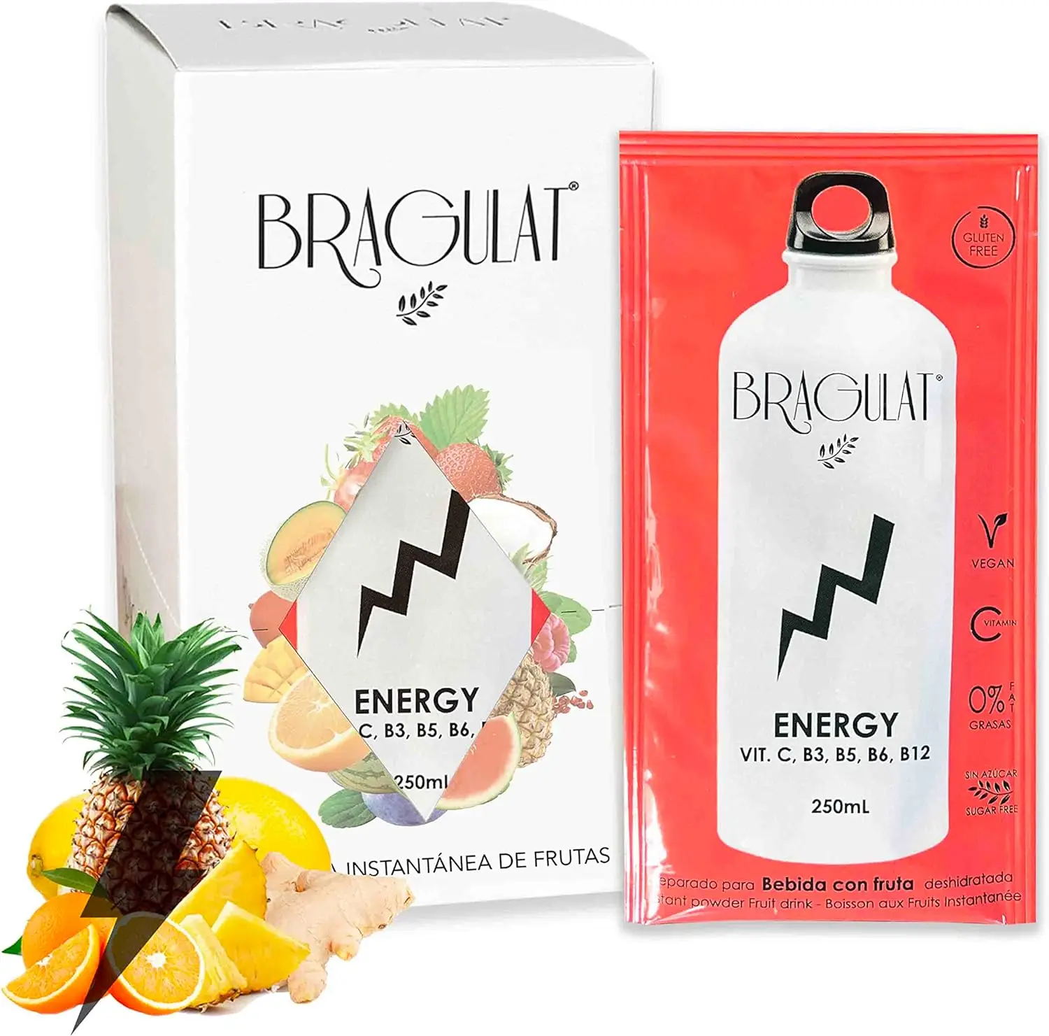 BRAGULAT | Pack de Bebidas y Refrescos Energéticas Instantáneas en Polvo con frutas | Sin Azúcar y con Vitamina C, B3, B5, B6 YB12 | 15 Sobres