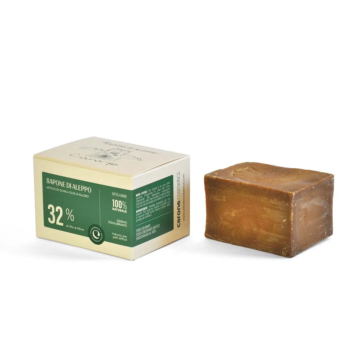 Carone - Sapone di Aleppo – Jabón Natural 32% Laurel 180g Purificante Intenso para Piel Sensible y Problemas Cutáneos