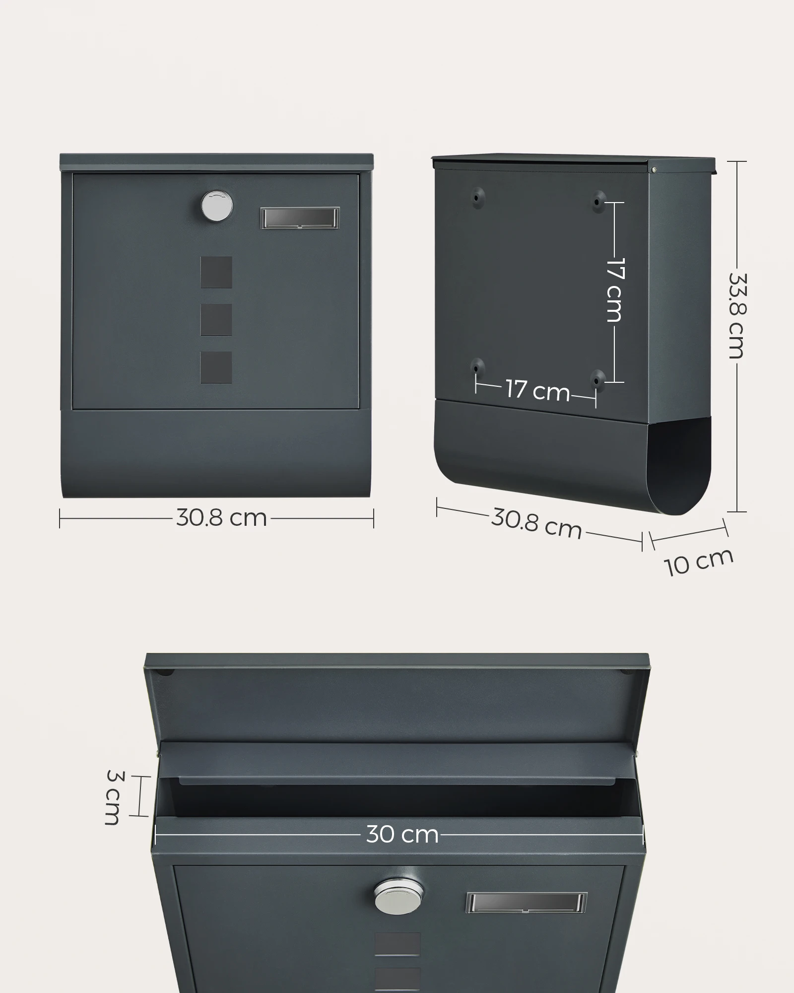 Songmics mailbox, mailbox, lock with copper cylinder and rotating cover, identification plate, newspaper holder, easy assembly, 10 x 30.8 x 33.8 cm, anthracite grey/black/silver