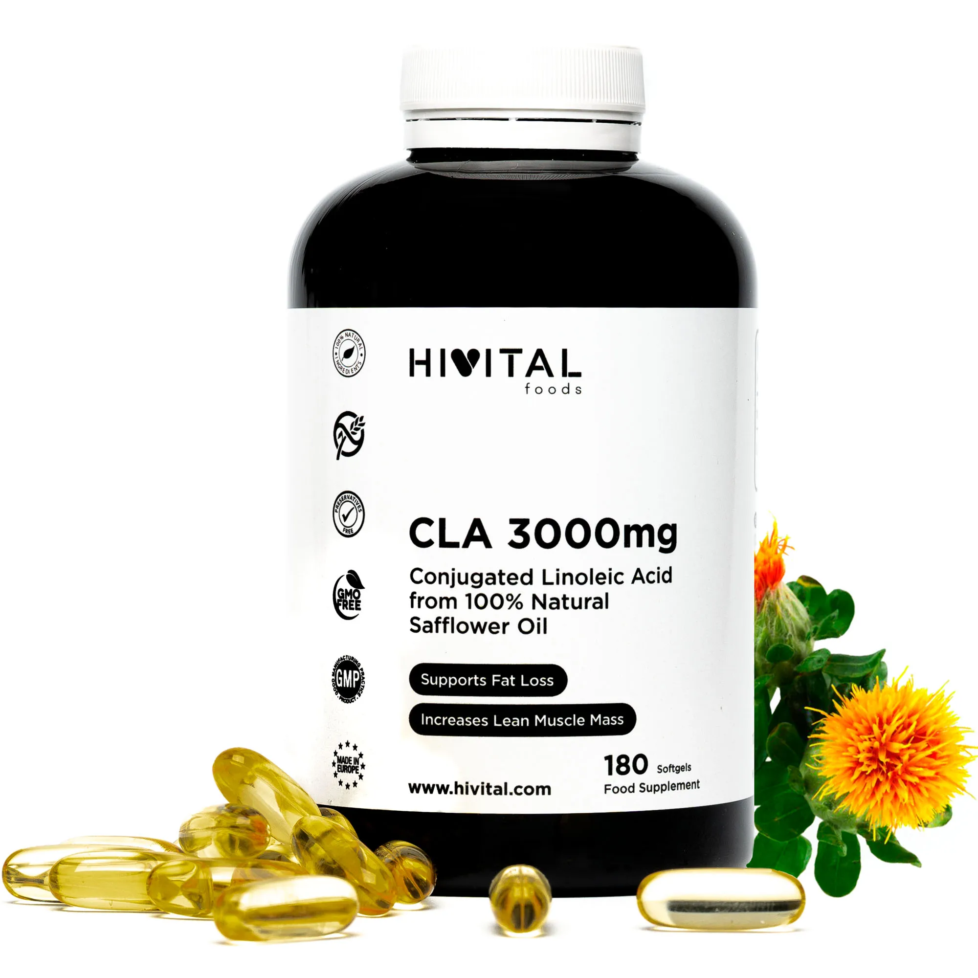 CLA Ácido Linoleico Conjugado 3000 mg por dosis  180 perlas de Aceite Vegetal de Cártamo (Suministro para 2 meses). Hivital