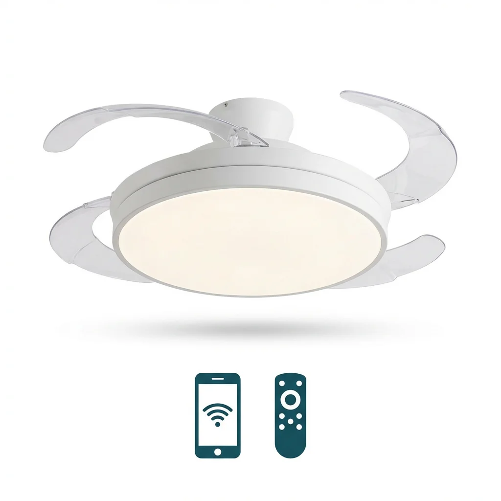 Ventilador de techo, luz LED, Aspas Retráctiles, 85W, 107cm desplegado, 6 velocidades, 3 modos de luz, control por mando y app, lampara de techo con ventilar luz LED regulable 55W, Motor DC 30W, Don