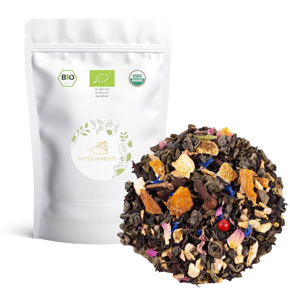 Mezcla Te Verde y Negro Mango y Jengibre a Granel 100 Gramos - My Tea Moments - Cultivo Sostenible - Ingredientes Naturales: Clavo, Jengibre, Mango, Naranja, Pimienta Rosa, Rosa, entre otros.