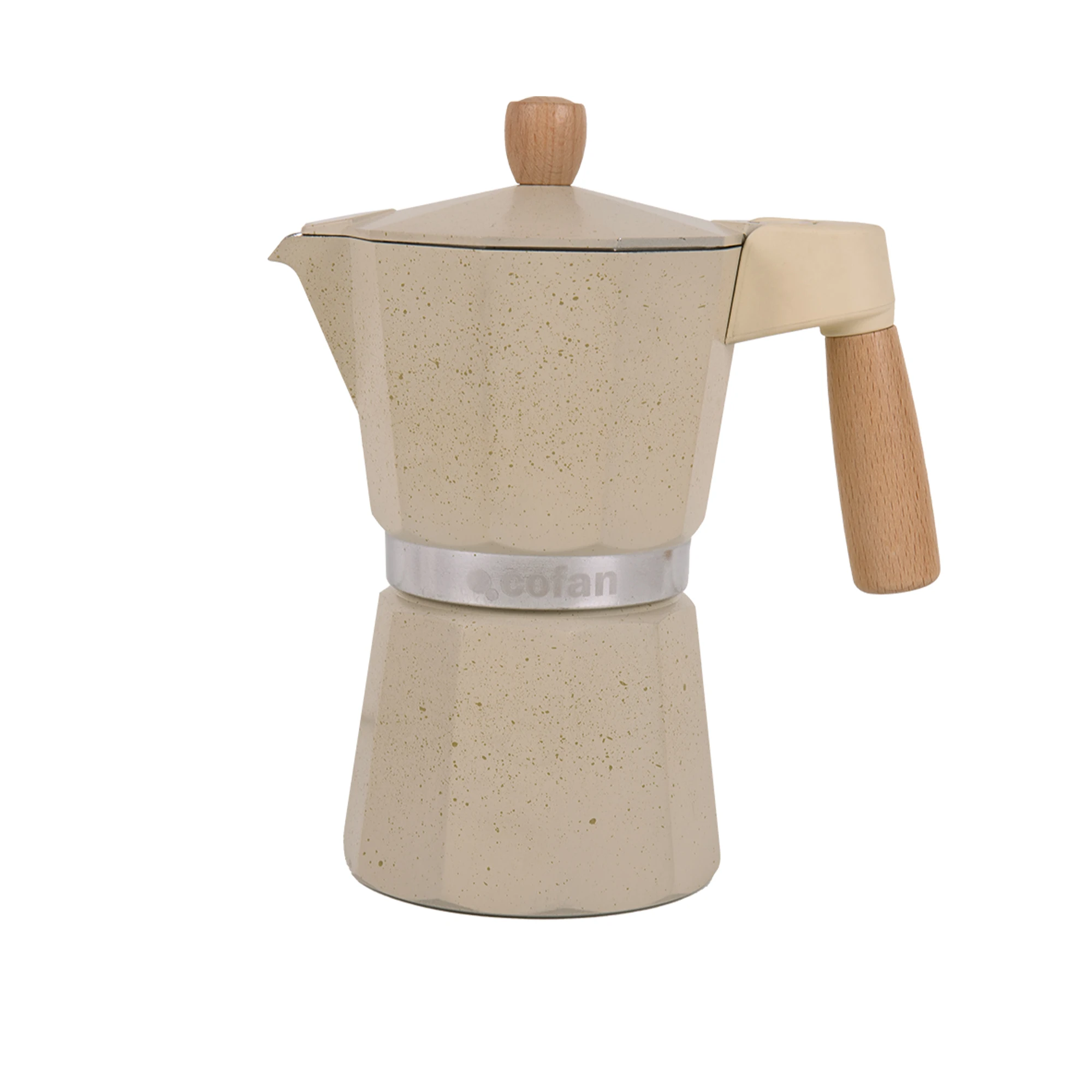Cofan Cafetera italiana inducción | Capacidad: 6 tazas | Material: cuerpo de aluminio | Apta para todo tipo de fuegos | Color: beige | Mango y tirador de madera