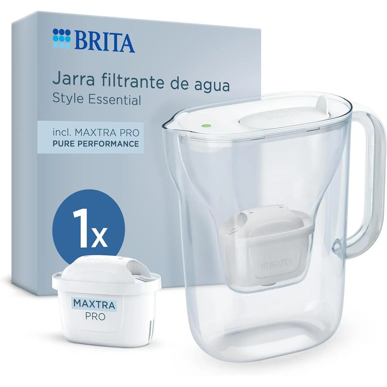 BRITA Jarra Filtrante, Modelo Style Essential Blanco, 2,4L con Filtro MAXTRA PRO | 150L agua filtrada | Sin BPA | Apta lavavajillas | Indicador Memo | Reduce cal, cloro y metales | Diseño sostenible