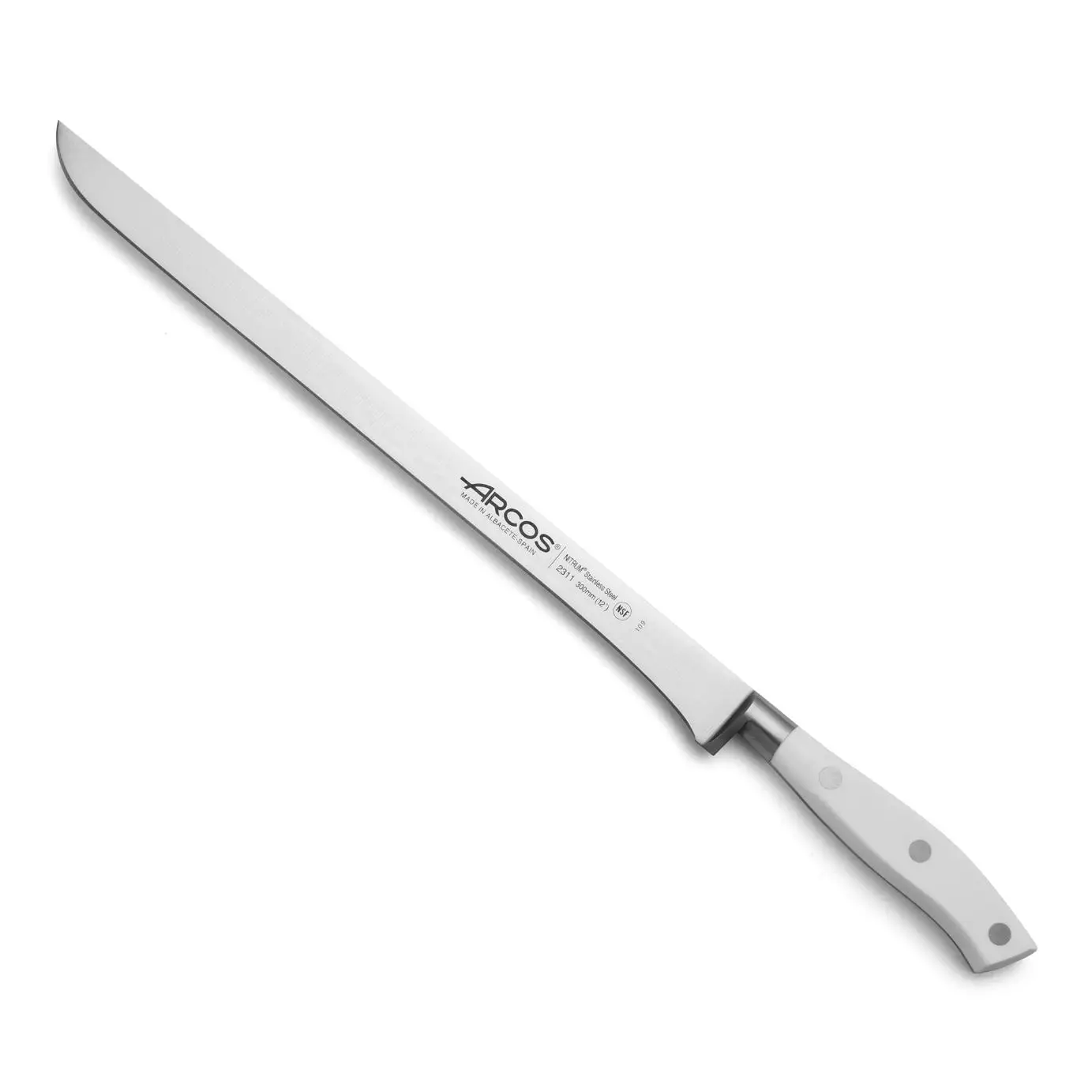 Arcos Blanco Cuchillo Trinchar / Jamonero Forjado Con Hoja Acero Inoxidable Y 300 Mm. Mango Ergonómico Polioximetileno Pom. Serie Riviera Blanc. Hoja Delgada Con Un Borde Suave Característico. Color