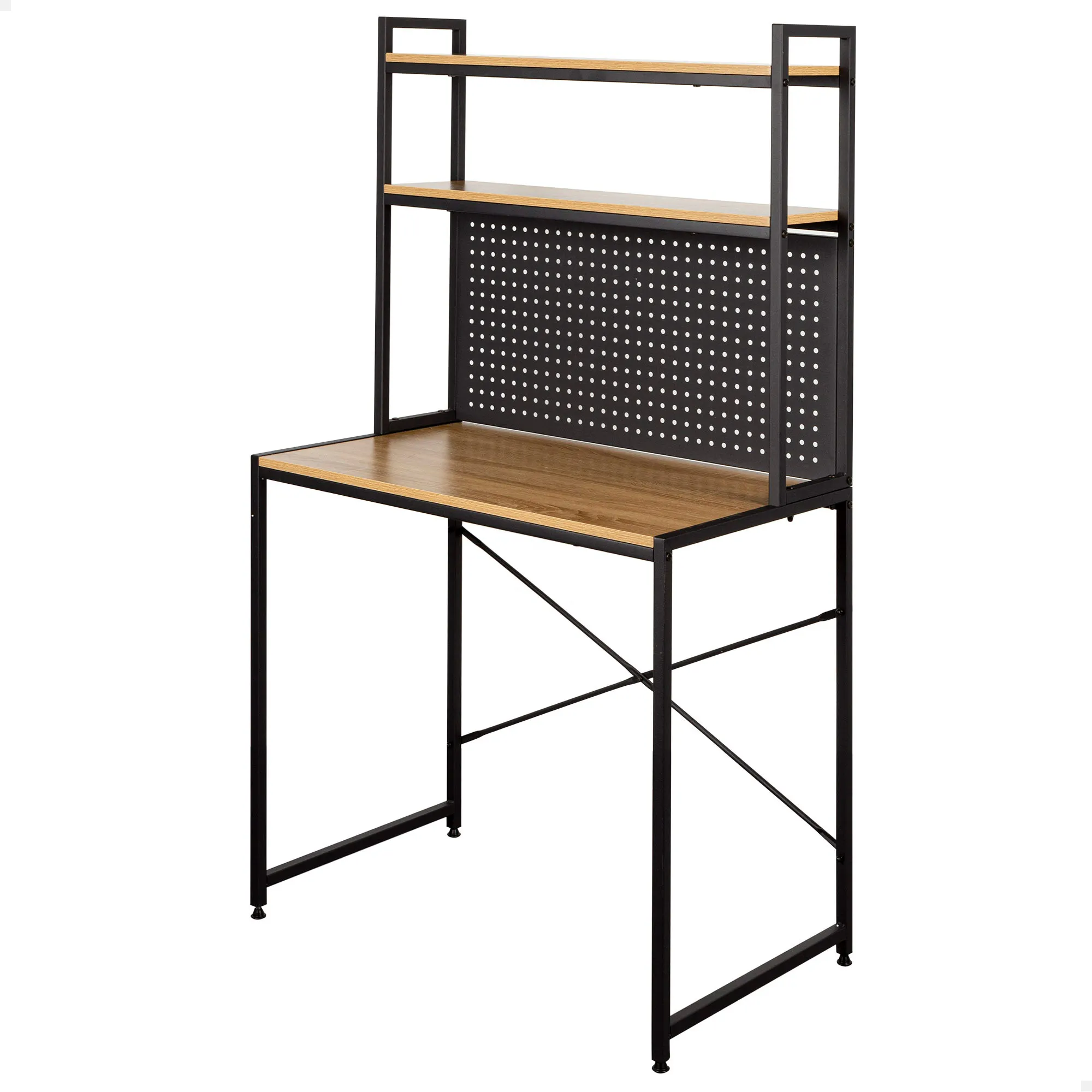 Max Home - Mesa escritorio, 84x50x148 cm, de madera y acero negro, tablero perforado, estantes almacenamiento y decoración, para oficina y estudio, estilo industrial, patas de nivelación ajustables,