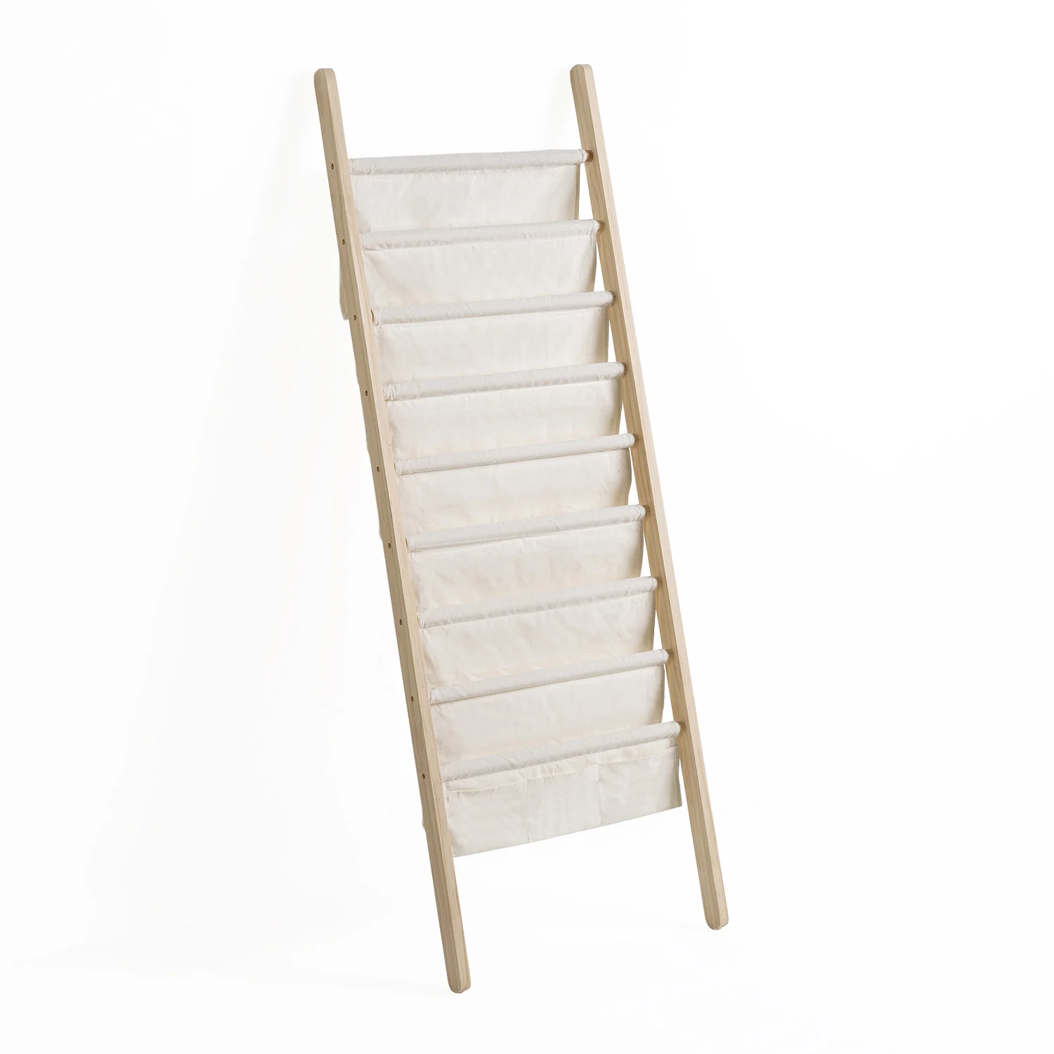 Revistero decorativo en tela beige y madera modelo Xoel VS Venta-Stock 8 secciones