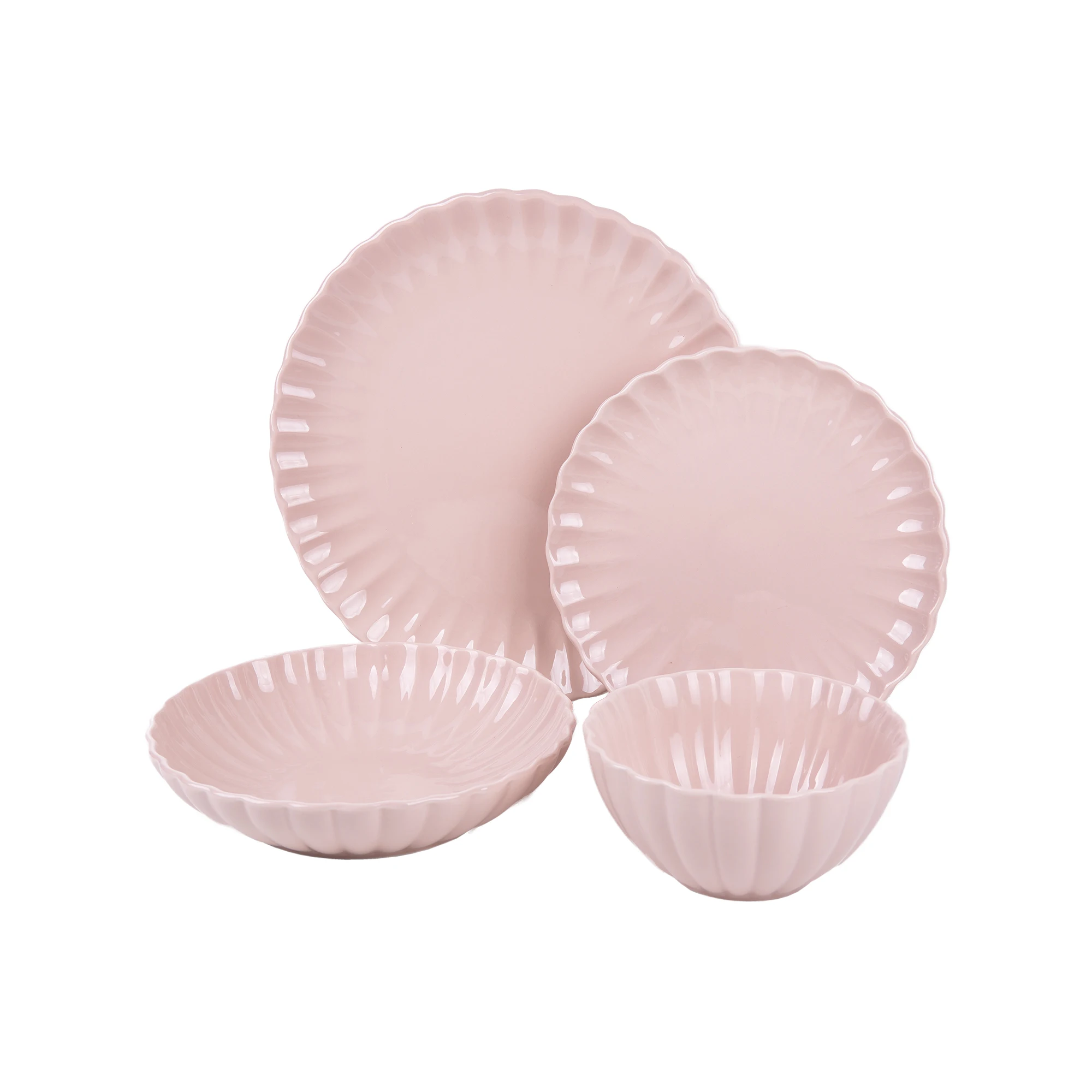 Cofan Vajilla de porcelana esmaltada en color rosa nude | Juego de 16 piezas | Diseño en relieve | Apta para lavavajillas, microondas y horno