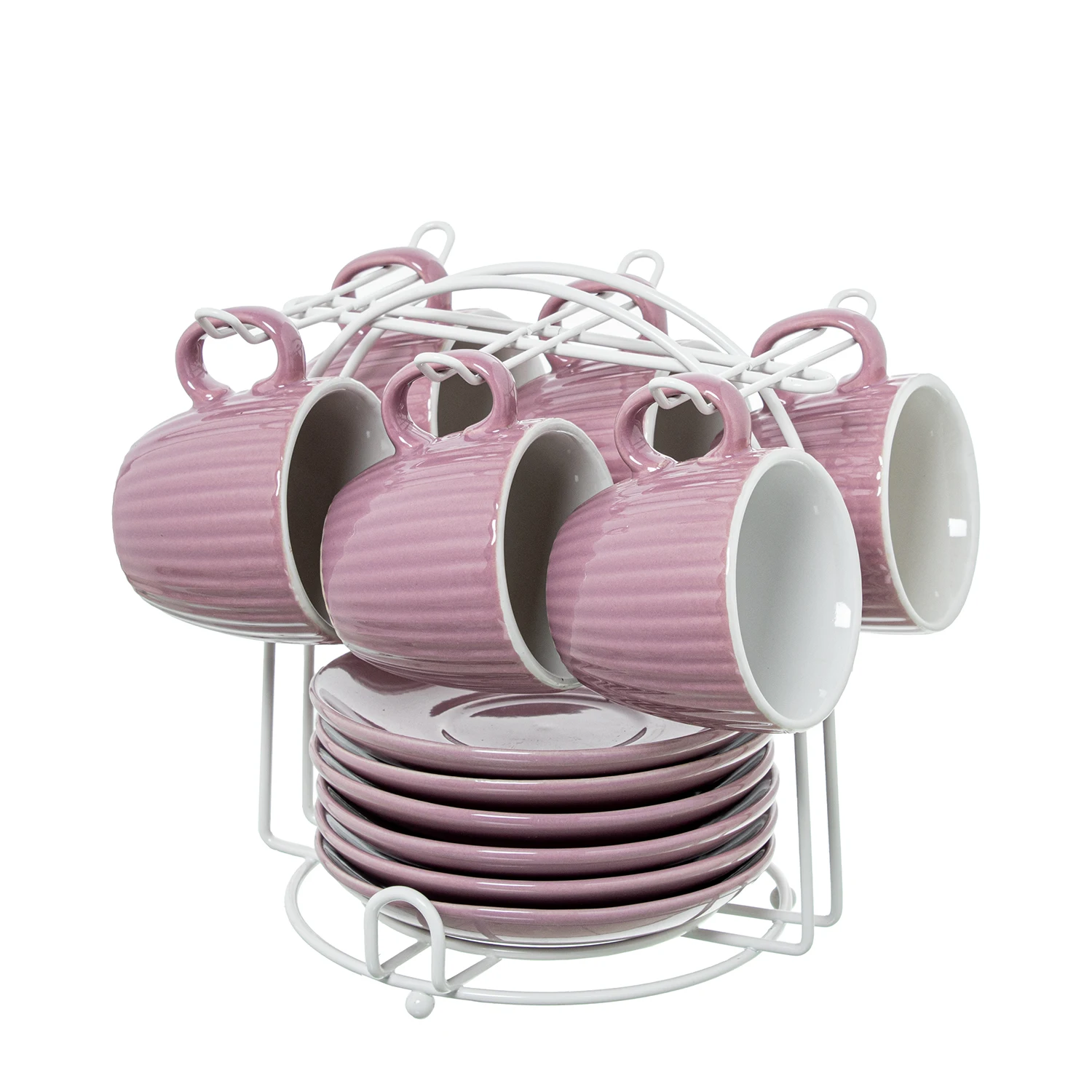 Set 6 tazas cafe con plato ceramica rosa palo con soporte metal taza: 89ml 6, 5x5, 5cm plato: 12
