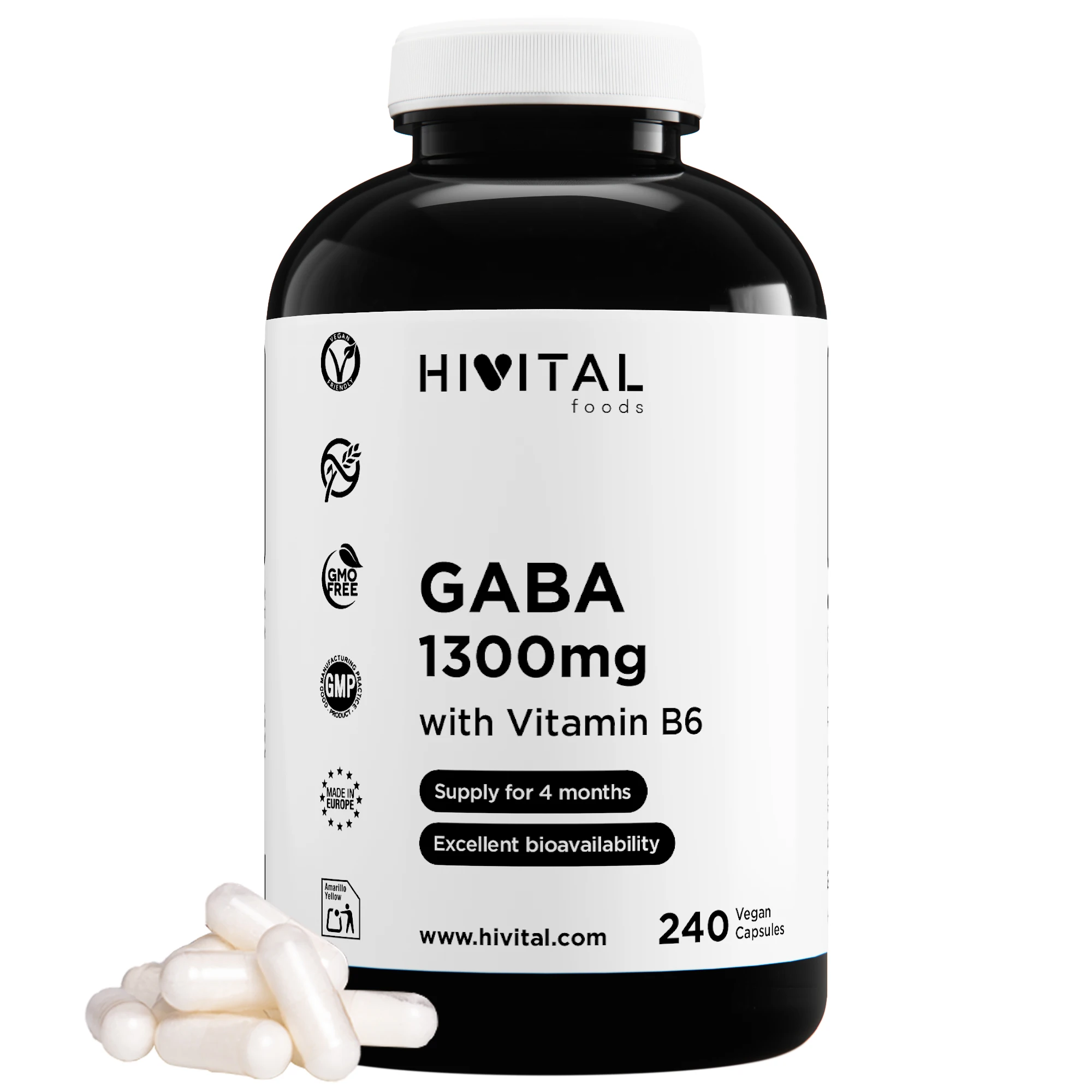 Gaba 1300 mg. 240 cápsulas veganas para 4 meses. Hivital