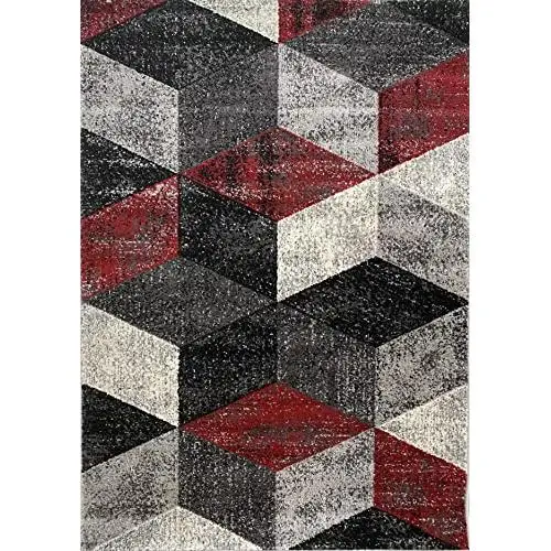 ALFOMBRAS IBERIA  Alfombra de Salón Moderna VOLGA Alfombra Grande para Salon o Dormitorio  Con Diseño en Color Gris y Rojo Fabricada en España con Polipropileno Frisse