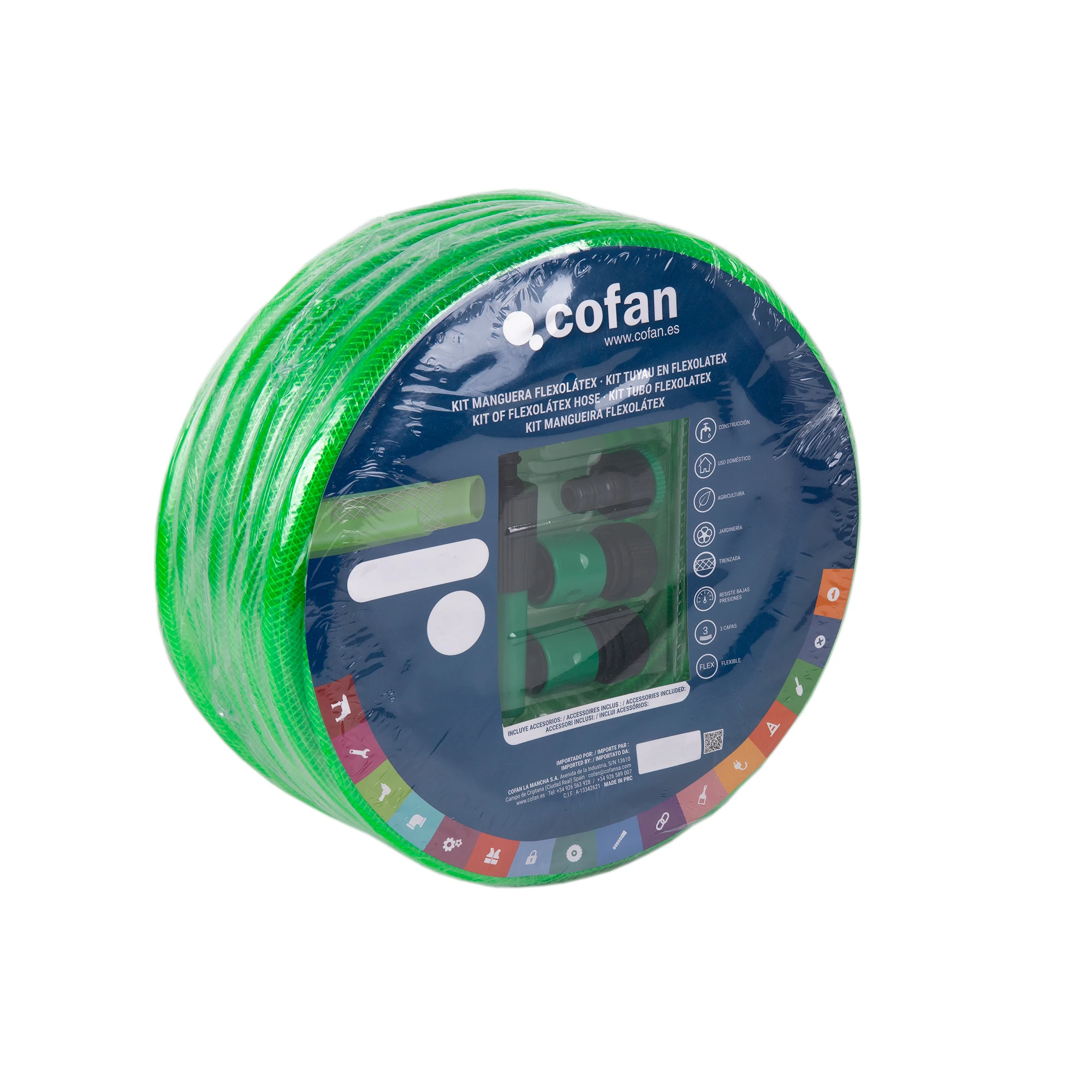 Cofan Kit de Manguera Flexolátex Translúcida | Medidas: 15 mm (5/8") x 10 metros | Manguera de riego con 3 capas y accesorios