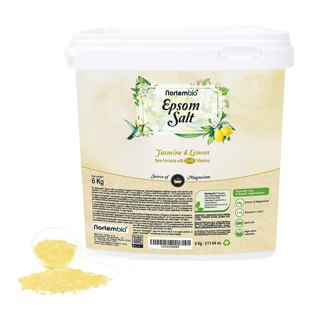 NORTEMBIO Sales de Epsom 100% Fragancia Jazmín y Limón 6Kg | Fuente concentrada de magnesio | Hidratada con Vitamina C y E | E-Book Incluido