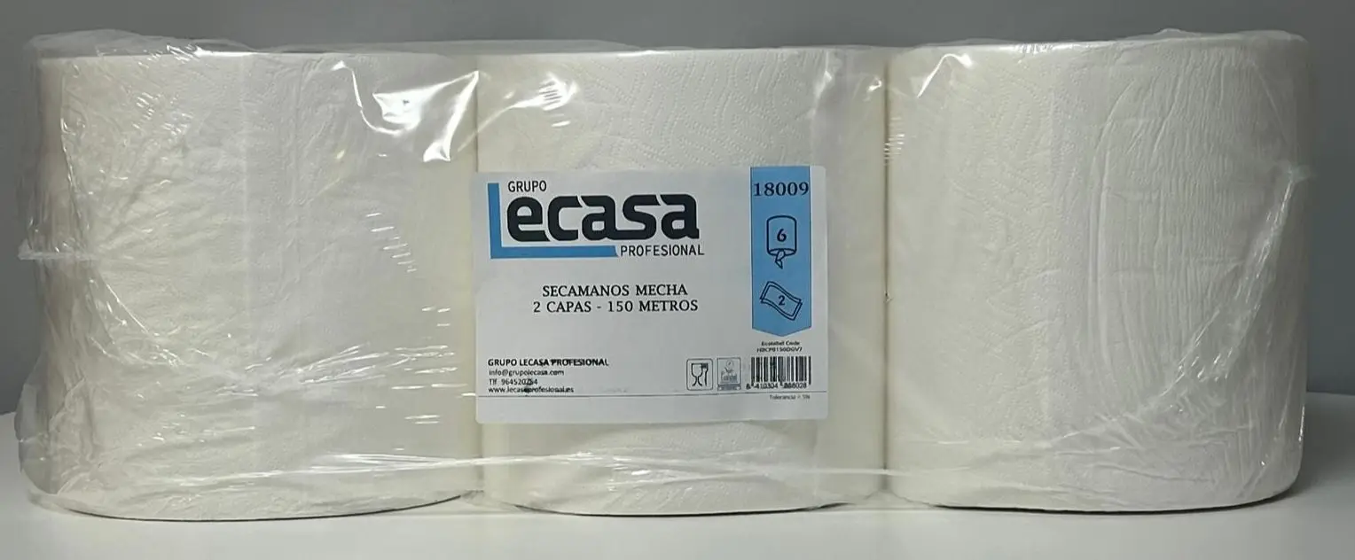 Industrial Lecasa Paper 6 coils waffle 150 meters, 2 layers, 100% cellulose, white. Chemin paper