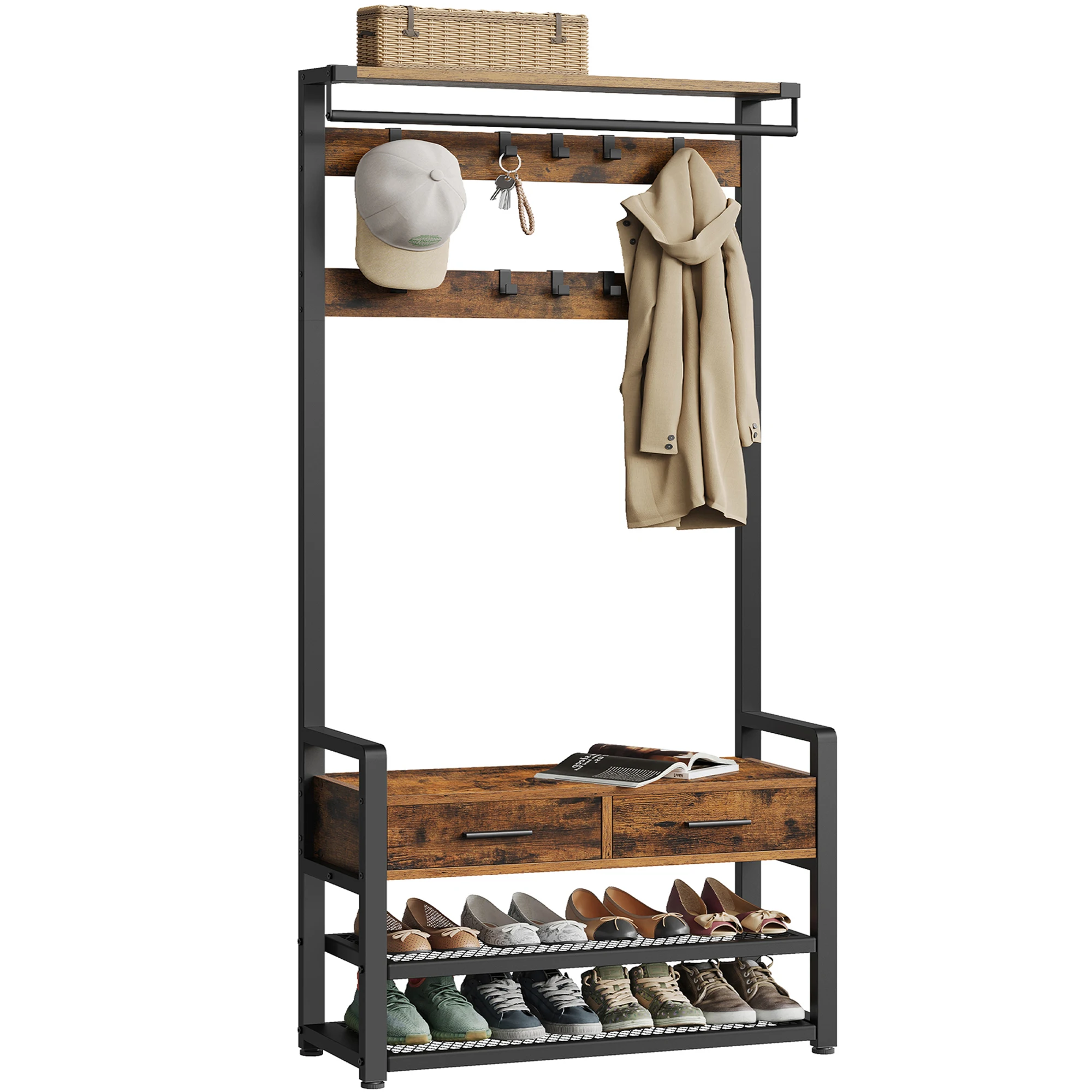 VASAGLE Perchero Recibidor, Mueble de Entrada con 10 Ganchos Extraíbles, 2 Cajones, Banco Zapatero, Diseño Separable, 30 x 80,4 x 181,6 cm, Marrón Rústico y Negro Tinta/Gris Carbón y Negro, Regalo de Navidad