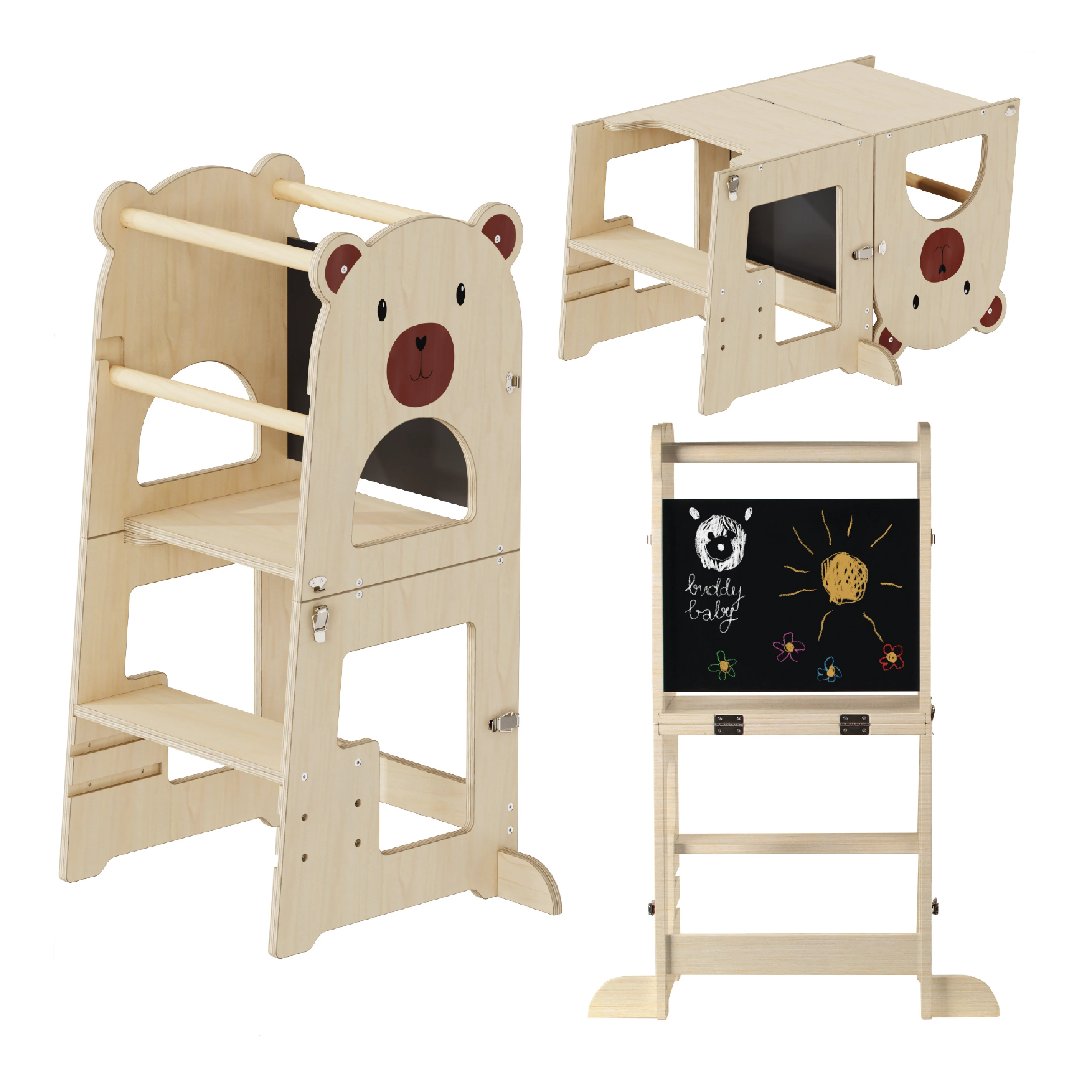 Buddy Baby Xperimenta  - Torre de Aprendizaje de Madera Montessori para niños-Convertible en Escritorio Infantil y Taburete -Torre ayudante de Cocina de Madera Maciza con Barra de Seguridad - Plegable