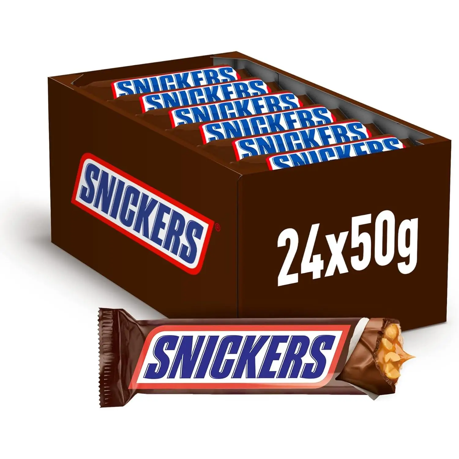 Snickers - Barrita de Chocolate con Leche, Crema de Cacahuete, Caramelo y Cacahuetes. Caja 24 Snickers de 50 gramos.