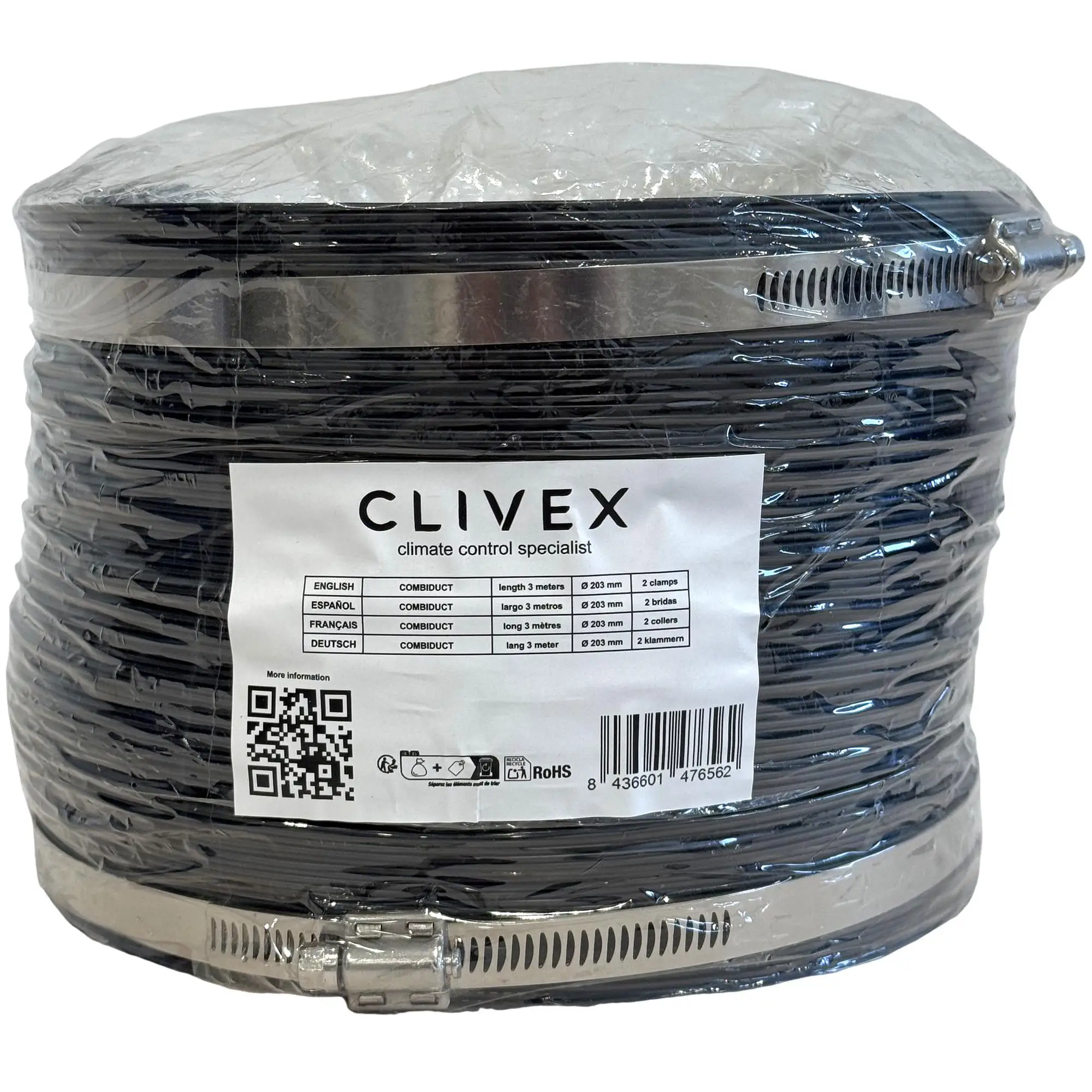 Clivex Combiduct 203mm Tubo de aluminio y PVC Flexible (3m) con abrazaderas incluidas, reduce el sonido de tu extracción o intracción
