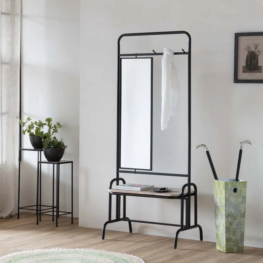 Gris Recibidor Con Banco Y Espejo De Metal Y Madera El Mejor Complemento Para Tu Hogar