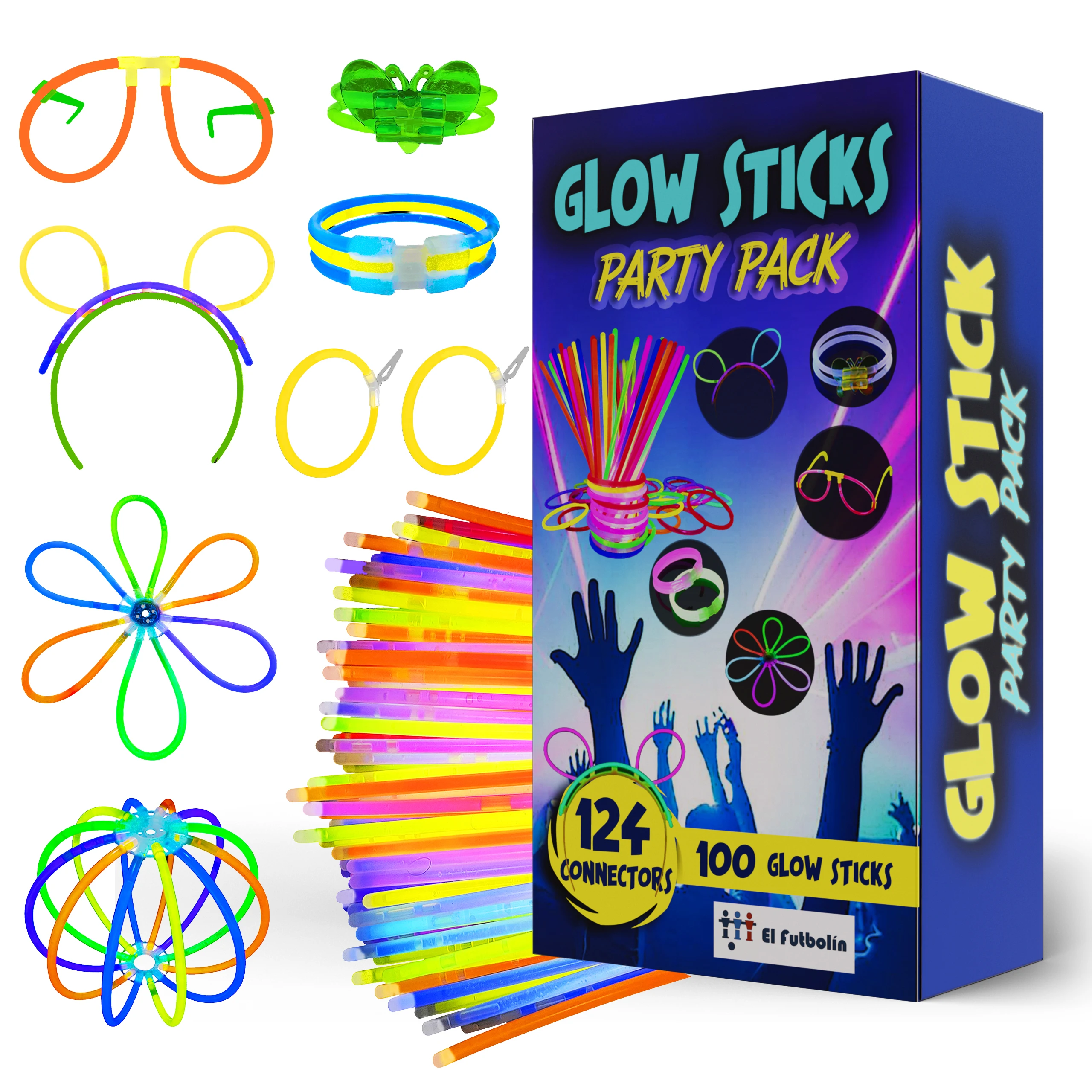 Luminous Fluorescent PARTY PACK 100 Neon Bars + 24 Special Connectors * Headbands-Collars-Earrings-Butterfly Bracelets * + 100 Simple Connectors Birthday PARTY Events Wedding Football