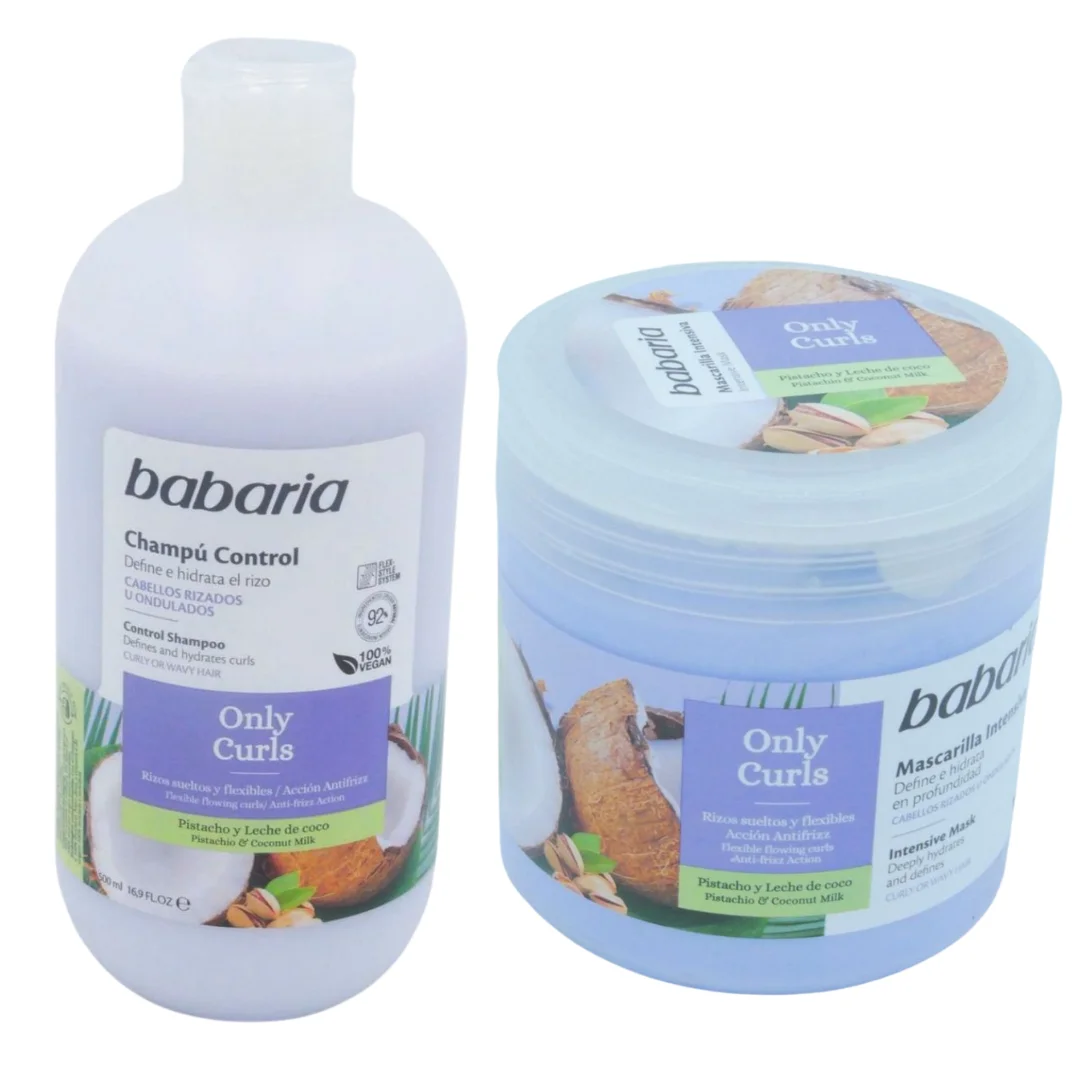 Set Babaria Only Curls – Champú 500ml Mascarilla Intensiva 400ml: Formulado con Pistacho y Leche de Coco para Definir e Hidratar en Profundidad Cabellos Rizados u Ondulados. Especial para Rizos, Natural y con Hidratación Profunda