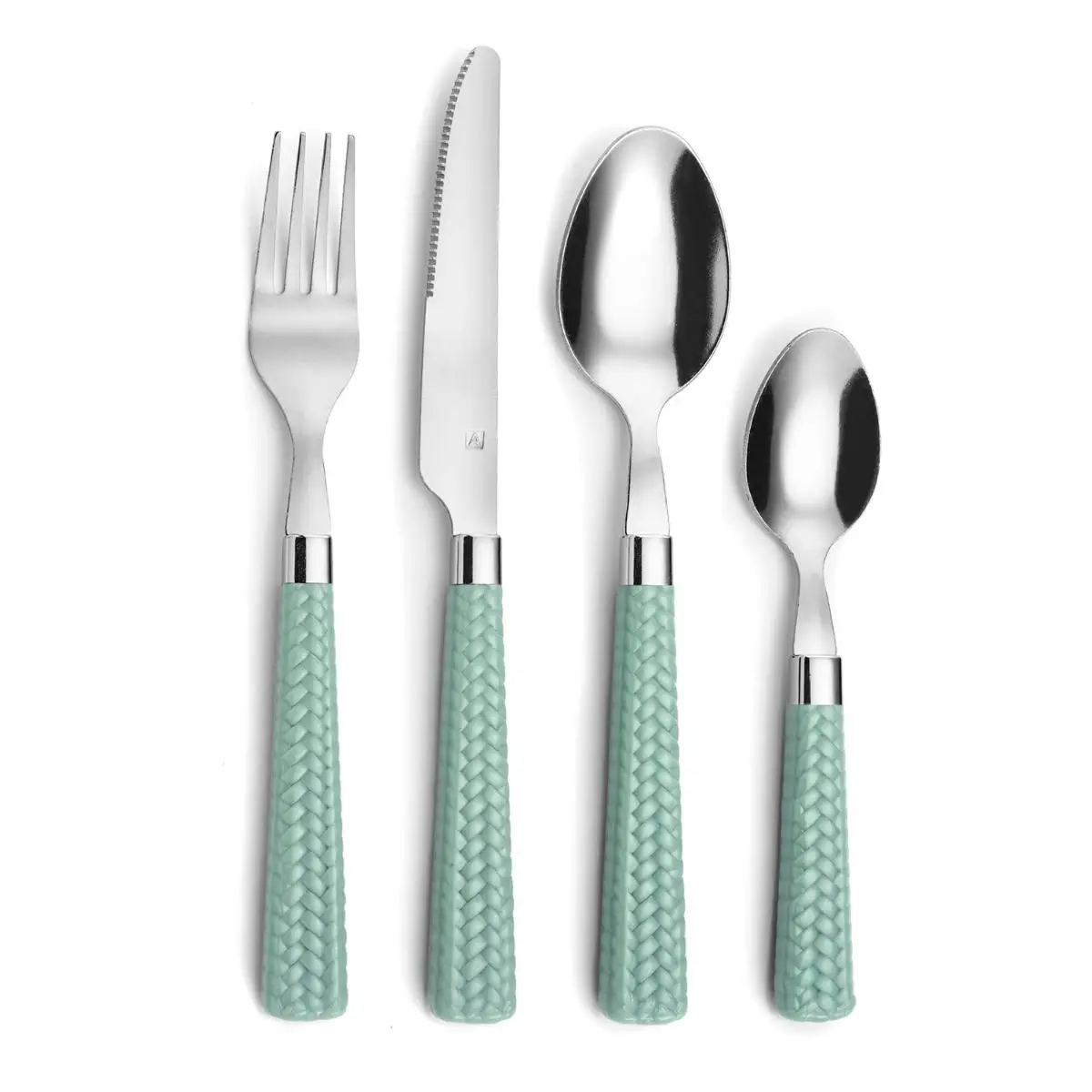 Set of 24 amefa paille stainless steel cutlery in turquoise, beige and black - 6 people - plasticized handle with braided effect - dishwasher safe