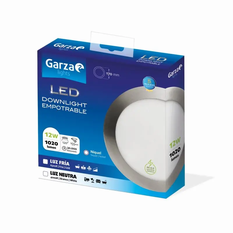 Garza-Heron-flat Circular recessed LED Downlight, 170mm diameter, cold light (6500k), 12W, 1020 lumens, light angle 120 °, CRI 80, Color Nickel.