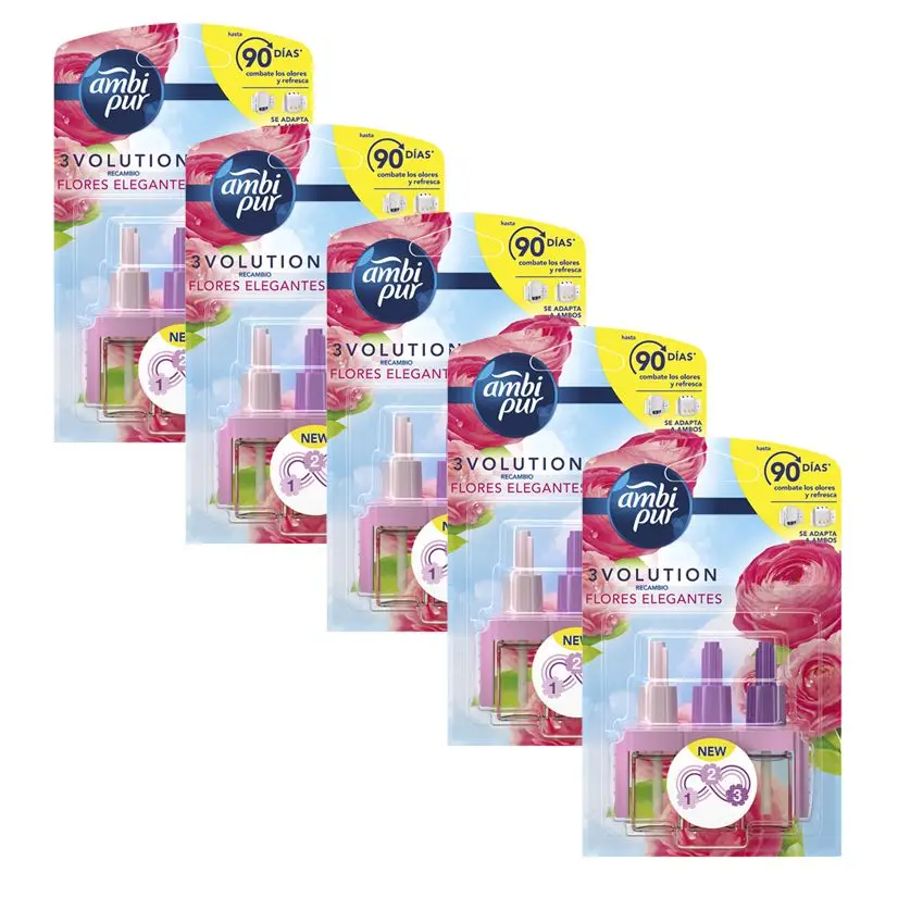 Ambi Pur | 3Volution Flores Elegantes Recambio De Ambientador Eléctrico, 3 Aromas Que Se Alternan Para Combatir Los Olores 5x21ML