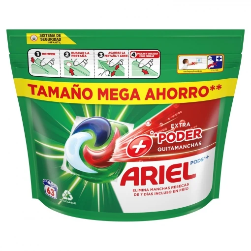 ARIEL PODS Todo en 1 Detergente Lavadora Líquido en Cápsulas/Pastillas, 63 Lavados, Más Poder Extra