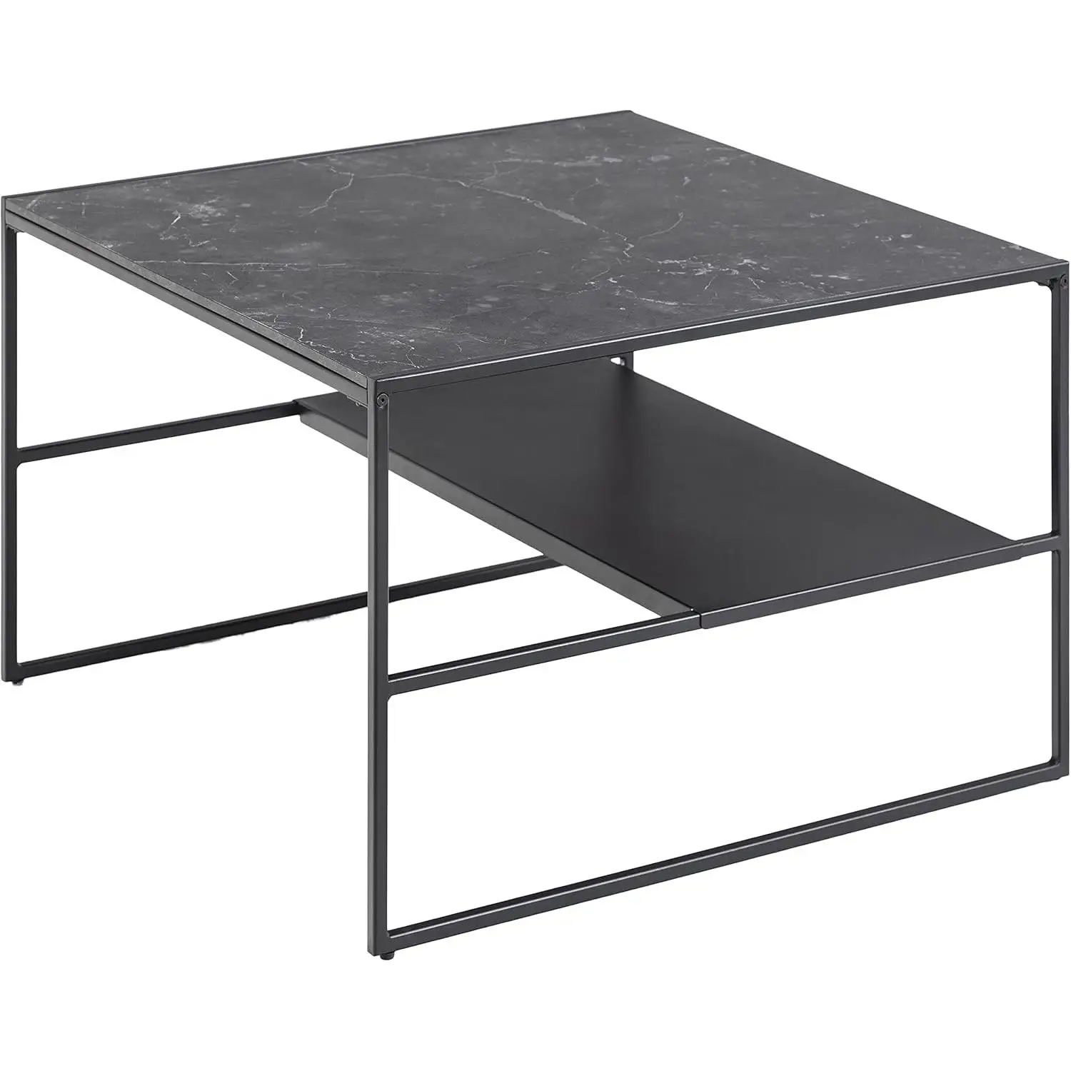 Movían Cuadrado Mesa de centro con un estante, con efecto de mármol mate en la parte superior, base metálica en Negro, 70.1 x 70.1 x 44.96 cm