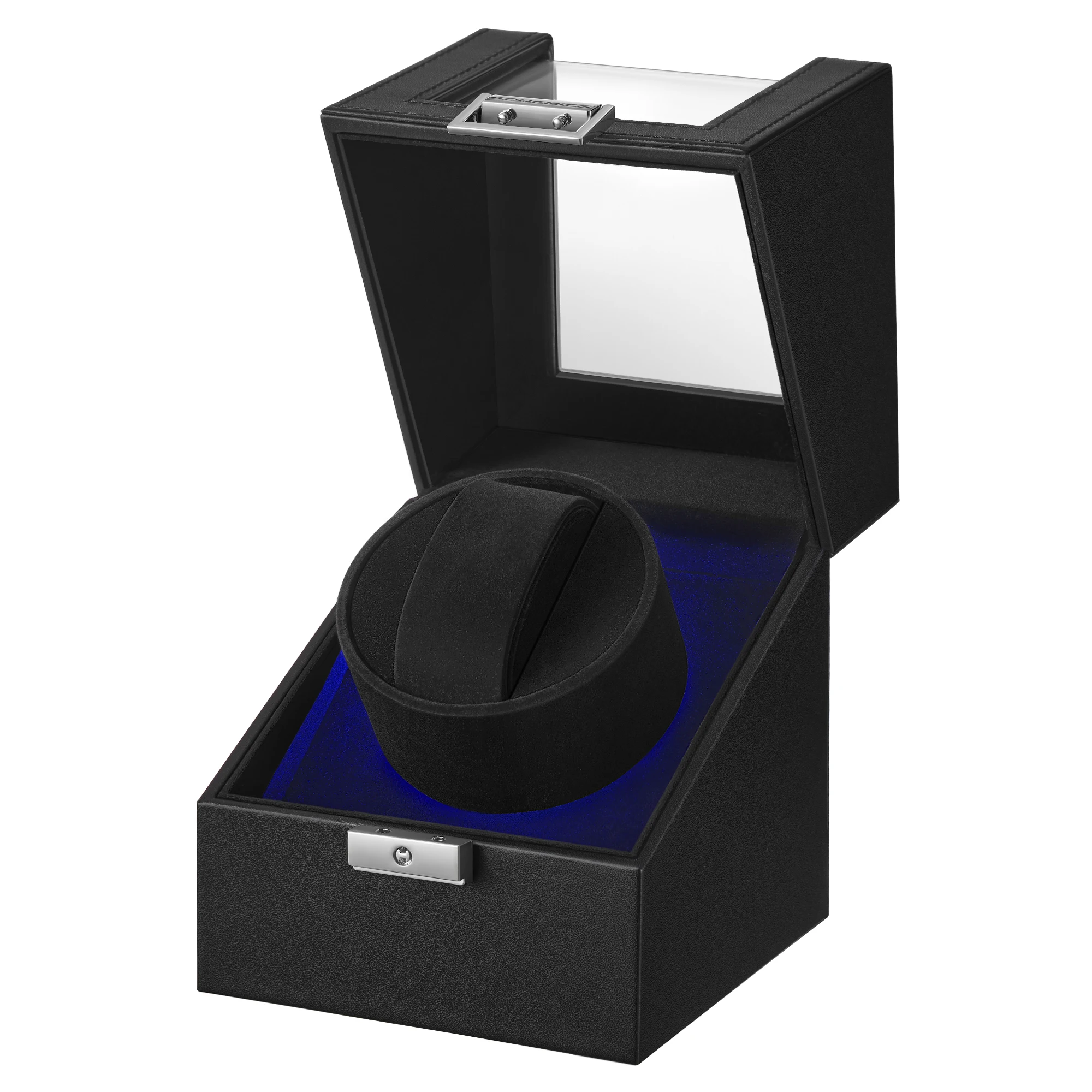 SONGMICS Scatola Avvolgitore Automatico per Orologi con Motore Silenzioso, Natale, per Orologi Automatici, con Luce LED, Serratura, 4 Impostazioni di Avvolgimento, Cavo di Ricarica USB-C, Nero