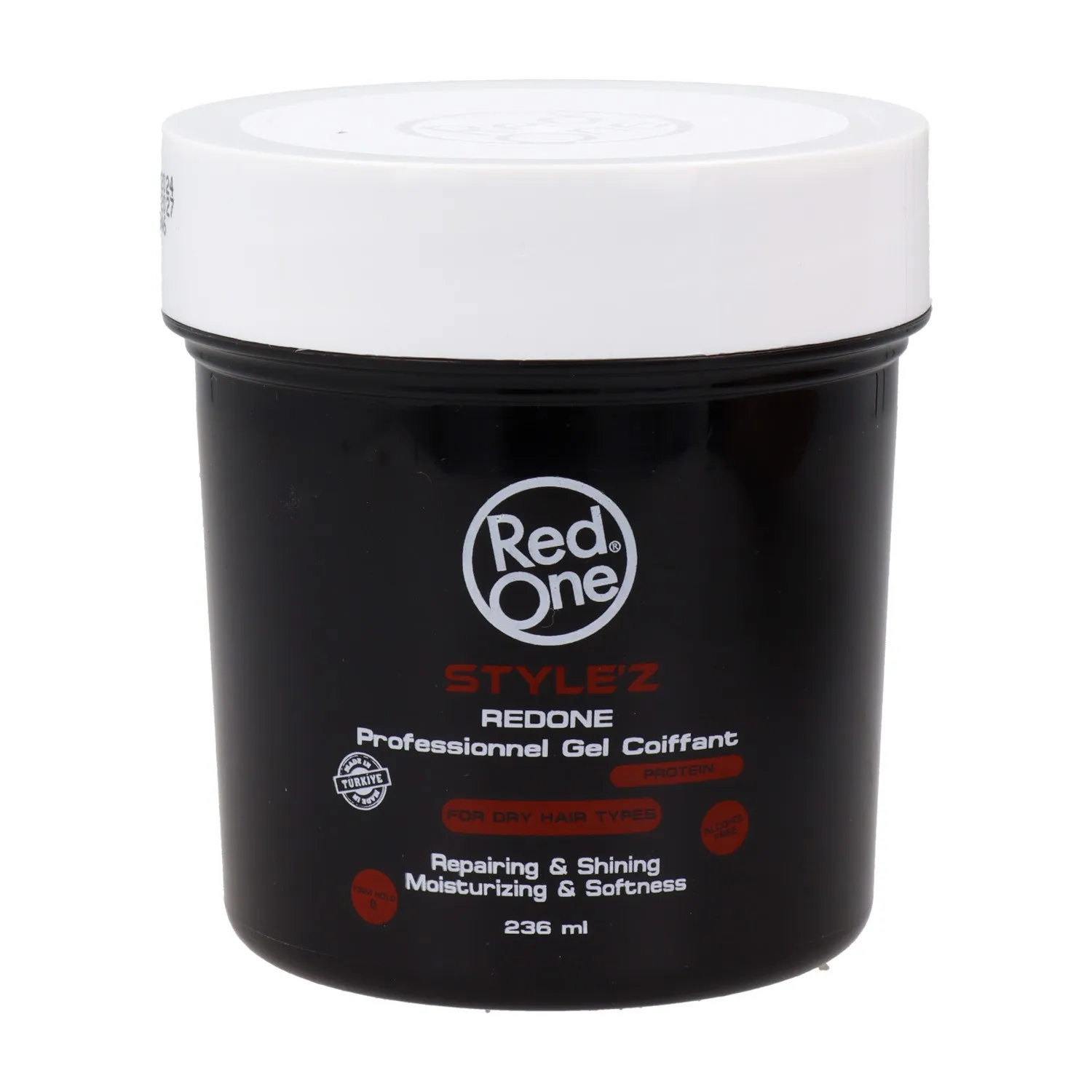 Red one style'z professional hair protein 236 ml, gel fijador con proteínas y vitaminas extra fuerte.