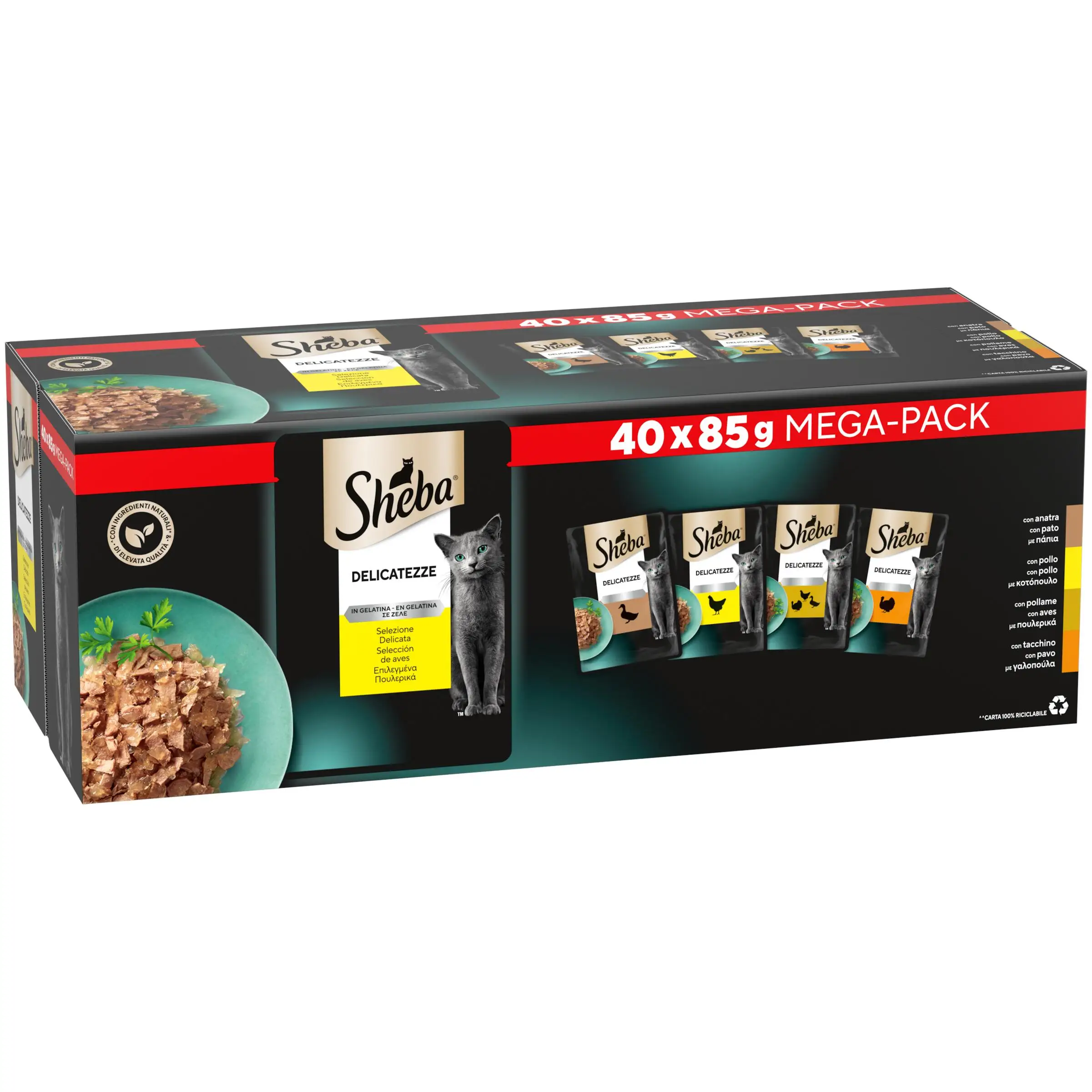 MEGAPACK SHEBA DELICATEZZE COMIDA HÚMEDA DE SELECCIÓN DE AVES EN GELATINA PARA GATOS, PACK DE 40 SOBRES DE 85g