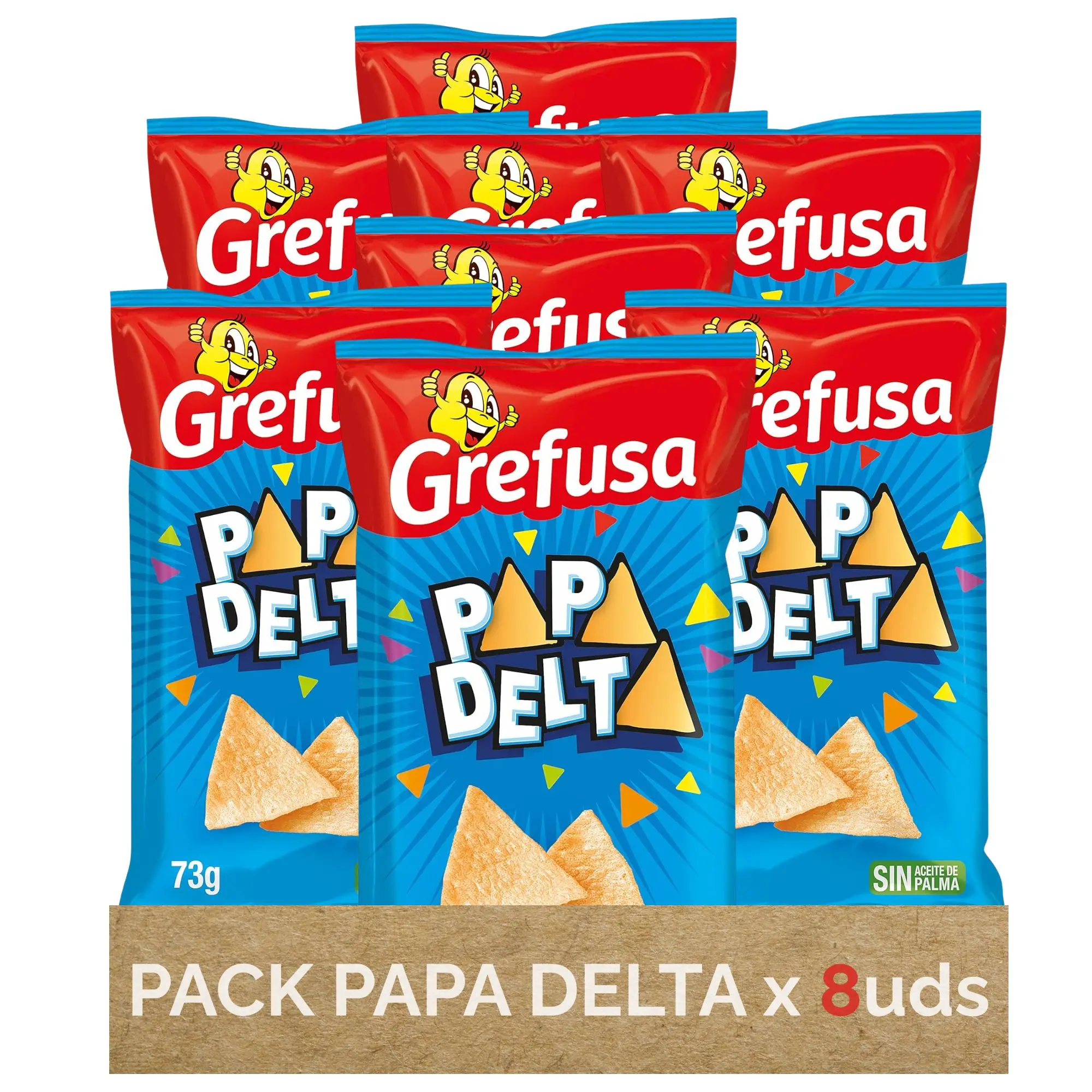 Grefusa | Pack PapaDelta Snack Sabor Jamón – Pack de 8 Bolsas Individuales de Patatas Triangulares – Aperitivo Crujiente – Ideal para Picar – Bolsa 73g x 8