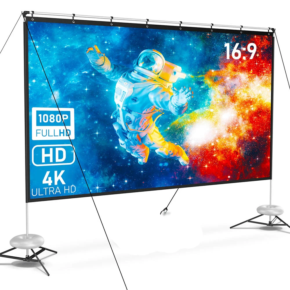 Pantalla de proyector Pixthink de 120 pulgadas con soporte, 16:9 HD 4K Ángulo de visión de 165°