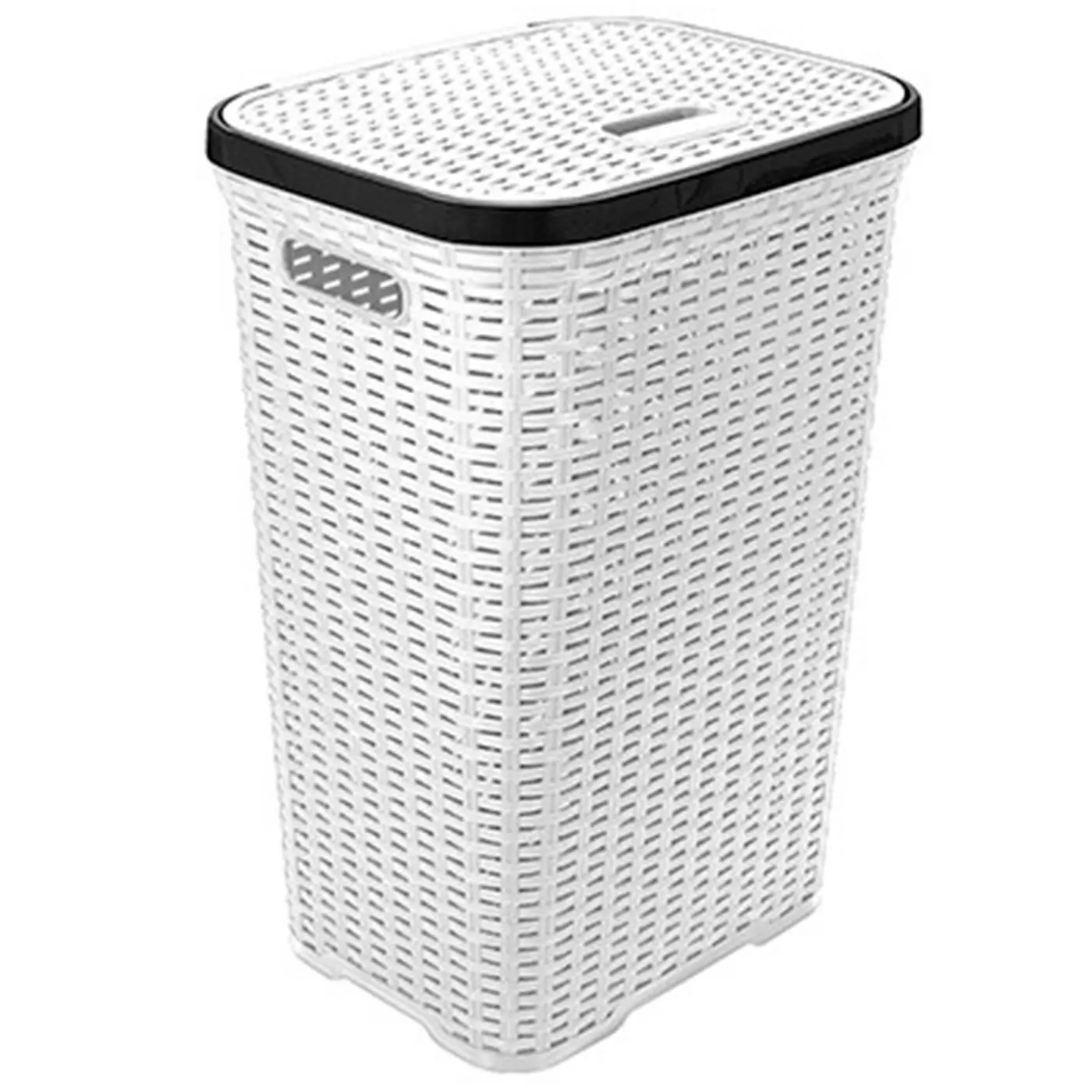 Tradineur - Cesto para ropa sucia con tapa y asas, pongotodo rattan de plástico, cubo para colada, imitación de mimbre, fabricado en España (Blanco con aro antracita, 60 litros, 62 x 43 x 34 cm)