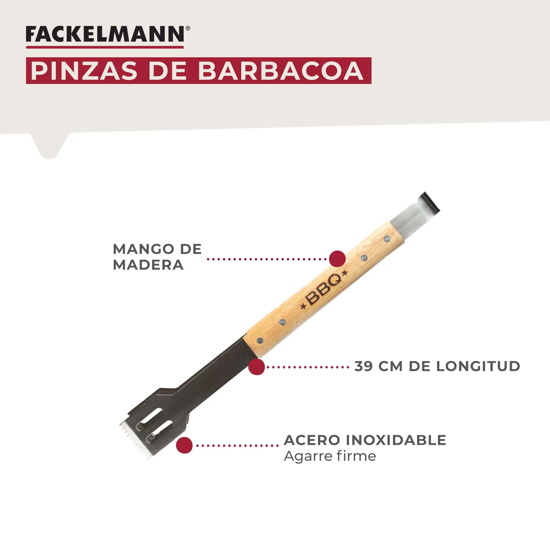 Fackelmann Pinzas de cocina especiales para Barbacoa, parte funcional en Acero Inoxidable y Mango de Madera con diseño rústico, Color Natural, 39 x 6 x 5 cm, 1 ud