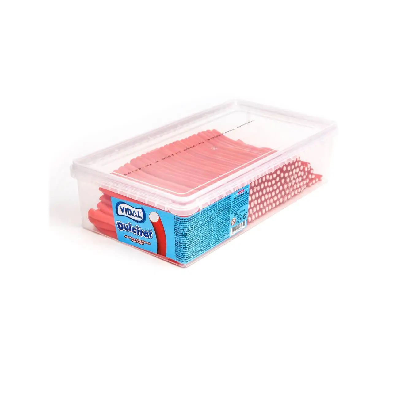 Vidal Golosinas. Dulcitar Fresa, regaliz relleno color rojo y sabor fresa. Bandeja de 200 unidades