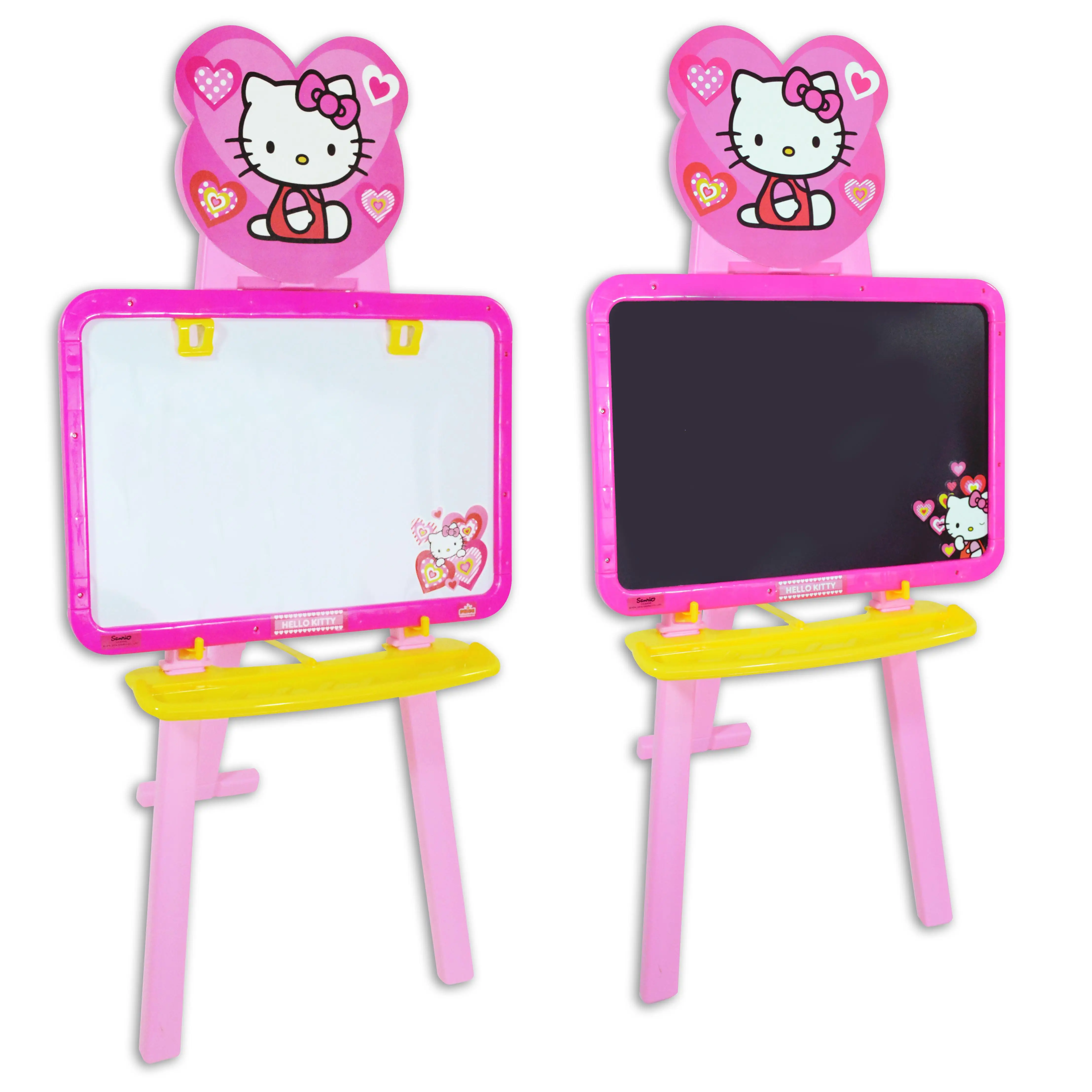 3-legged plastic double-sided children's board with exclusive Hello Kitty designs, in pink (9382-2690) one face to paint with marker and the other with chalk. Shelf for accessories. According to the regulations CE. + 3 years