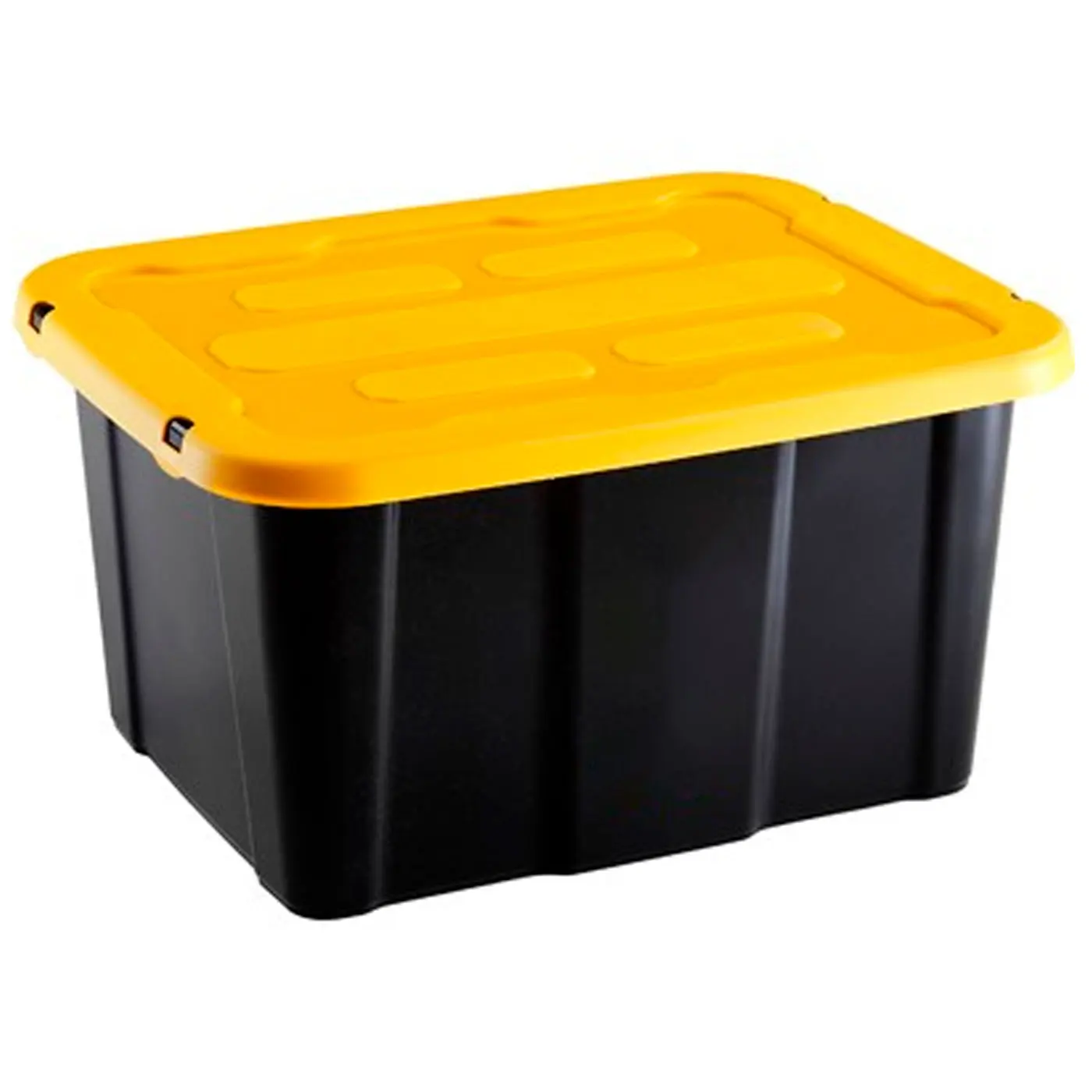 Tradineur - Caja de almacenaje apilable con tapa, plástico, cajón multiusos, ordenación, herramientas, hogar, fabricada en España (Amarillo y negro - 30 litros - 48 x 38 x 25,5 cm)