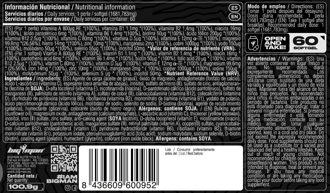 Bigman multi vits 60 caps multivitamin complex for women and men vegetarian athletes recover from your workouts
