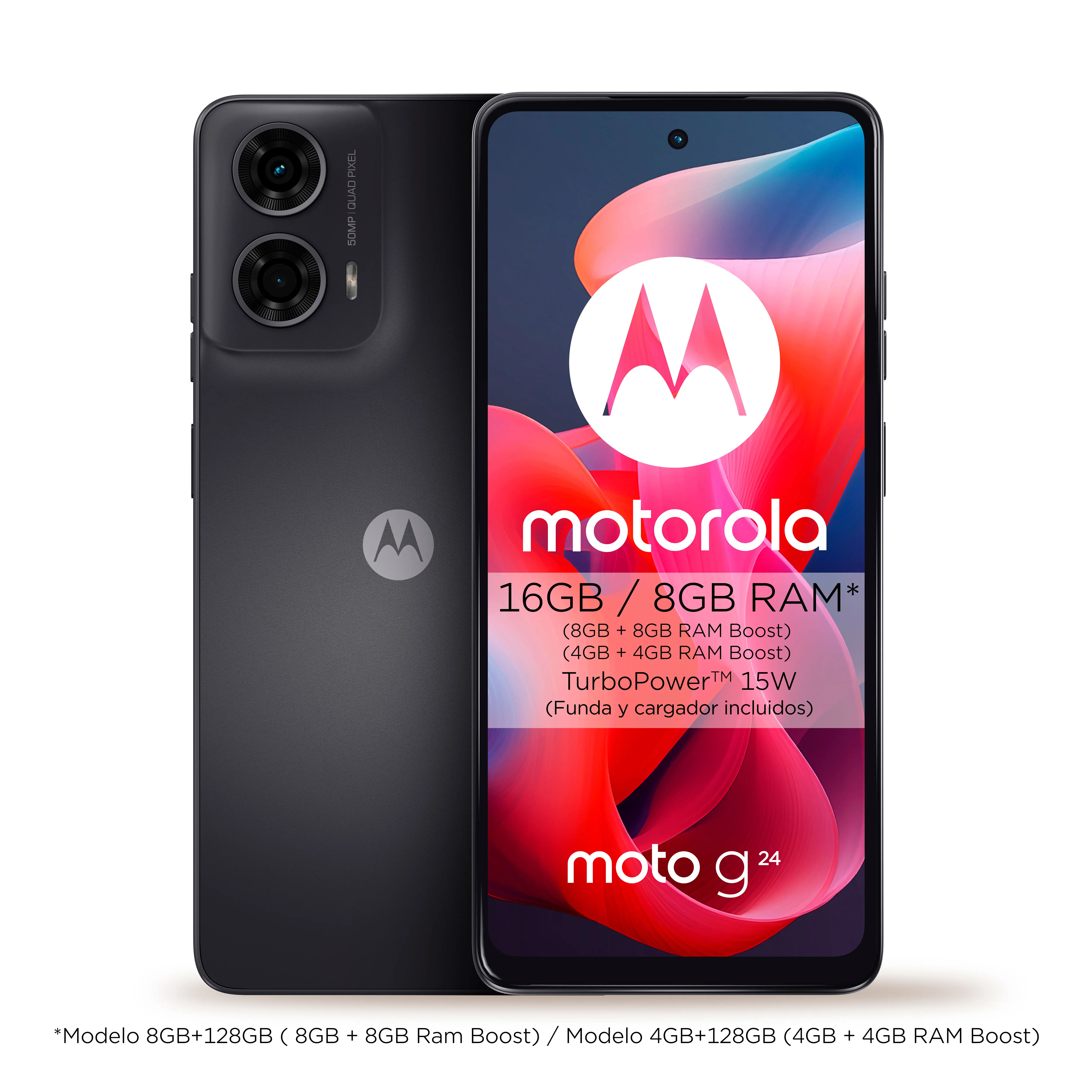 Motorola Moto g24 HD + 6,56 'and 90  Hz 50  MP camera system with Macro Vision Dolby Atmos Android 14 5000 mAh with TurboPower 15 Octa-Core Dual SIM