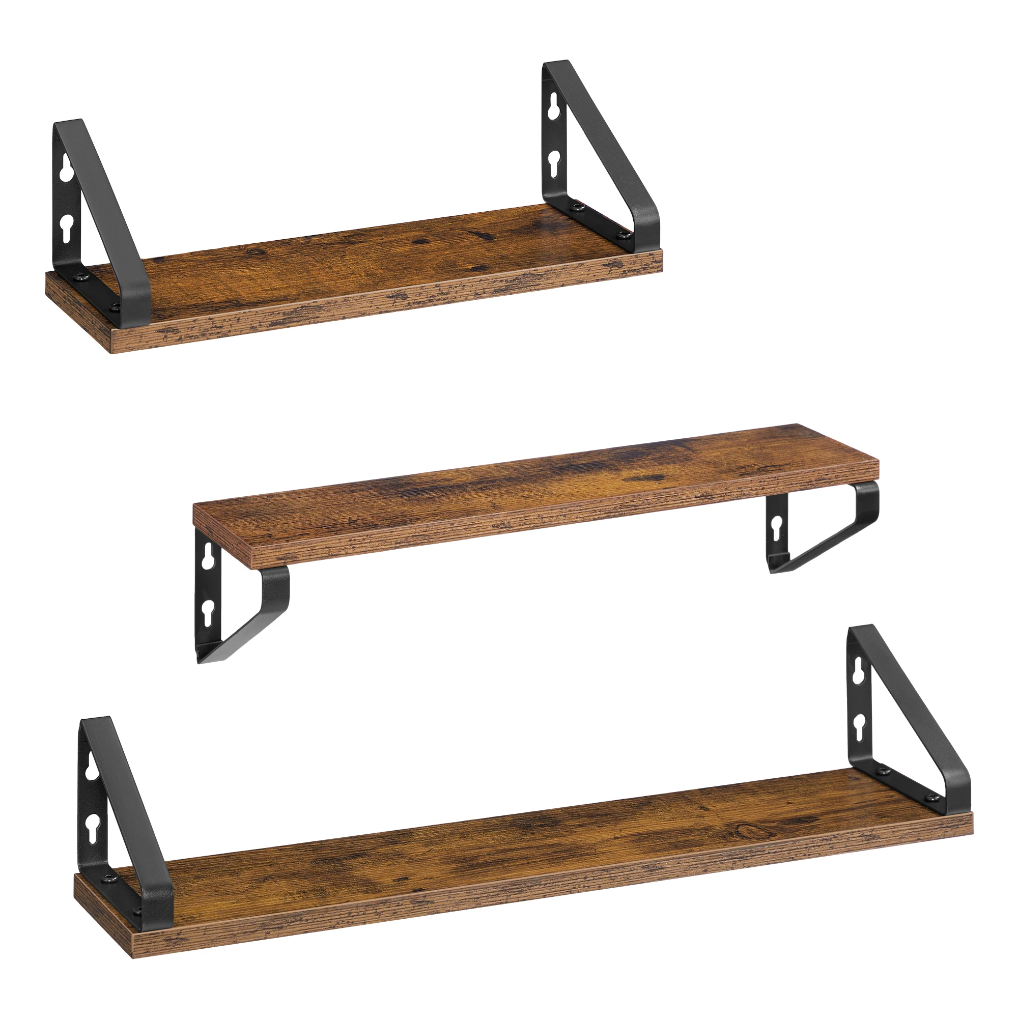VASAGLE Mensole da Parete, Mensole Sospese, Set da 3, 2 Modalità di Montaggio, 40/50/60 cm, Mensole Decorative, per Soggiorno, Bagno, Cucina, Marrone Rustico e Nero Opaco