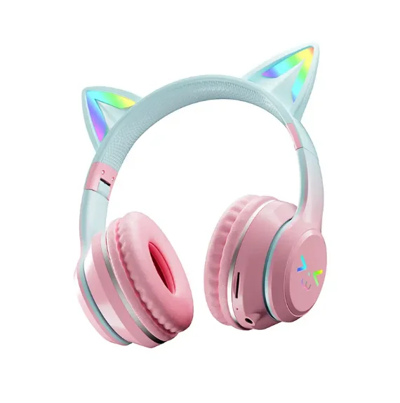 Wireless Bluetooth Earphones for Children with Cat Ears and LED Light, Long Battery Life, Stereo Sound, Microphone and Adjustable Headband, Foldable Helmets with TF Card and Jack 3.5mm, ideal for birthday and Christmas gift